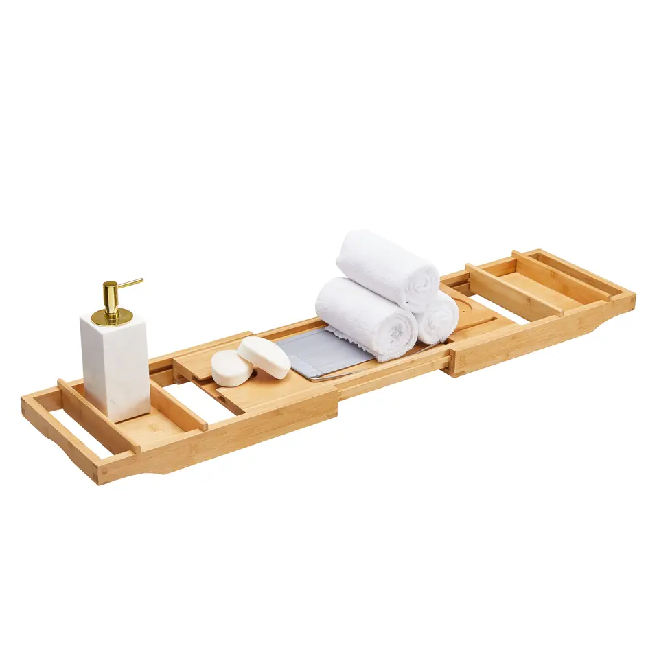 Badplank met Boekenhouder �?Uitschuifbare Bad Brug �?75 tot 109 cm Breed