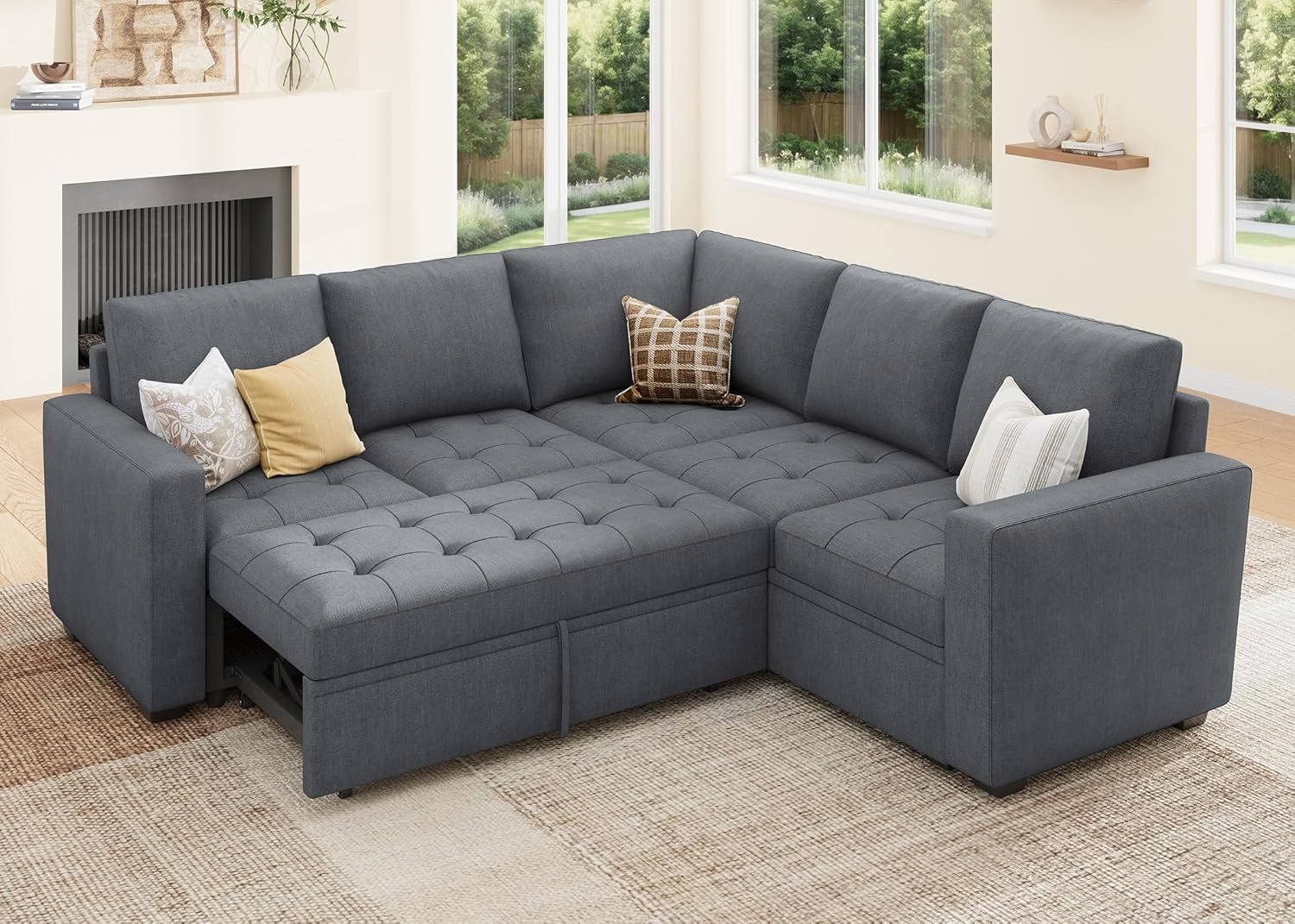 HONBAY Modular Sectional Sleeper Sofa with Pull Out Couch Bed, L Shaped Couch with Storage Seat, Sectional Couches for Living Room,Bluish Grey