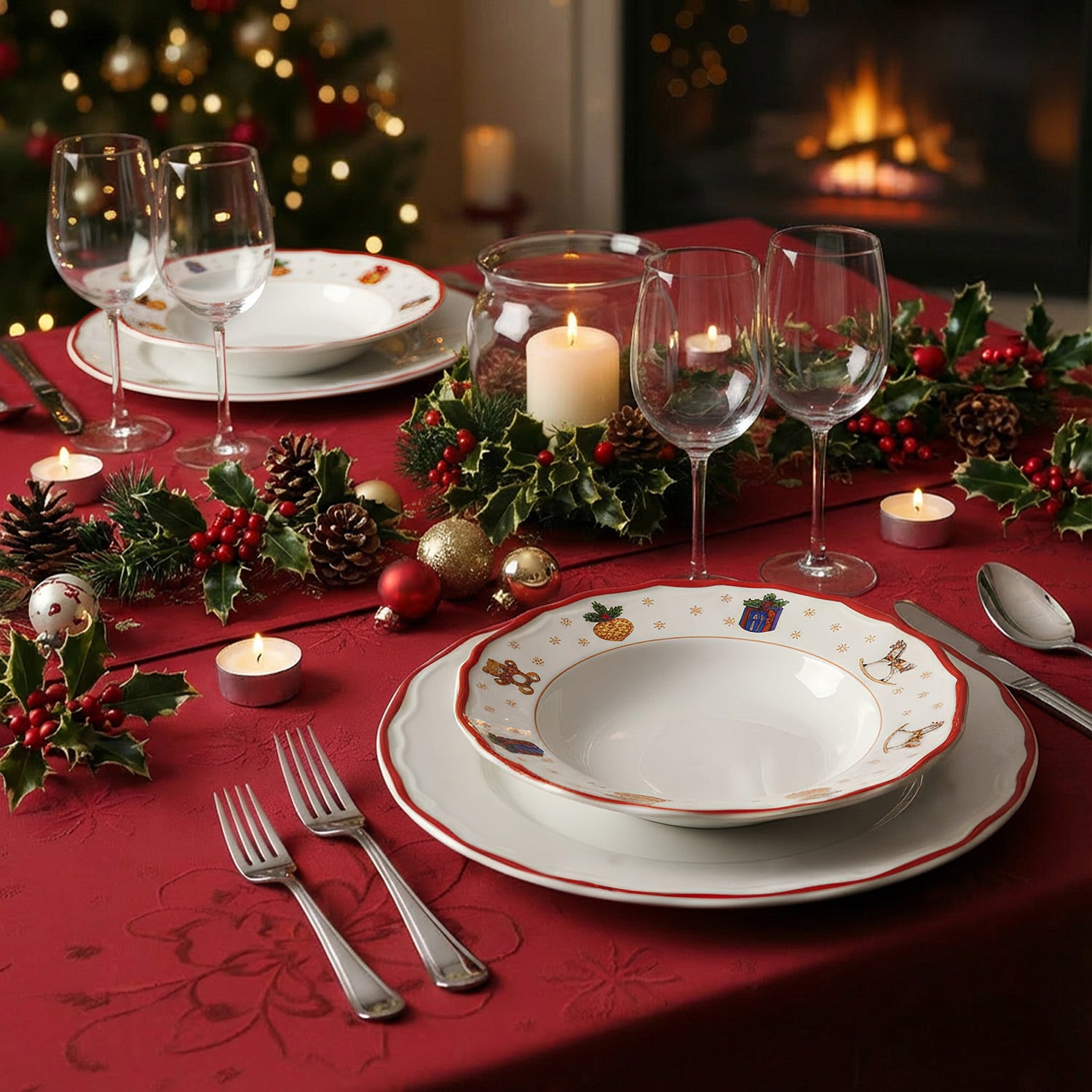 Set 2 piatti fondi regali Natale rosso porcellana