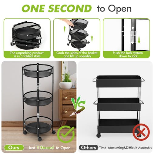 NNECW 3-Tier Folding Kitchen Trolley Cart with Baskets