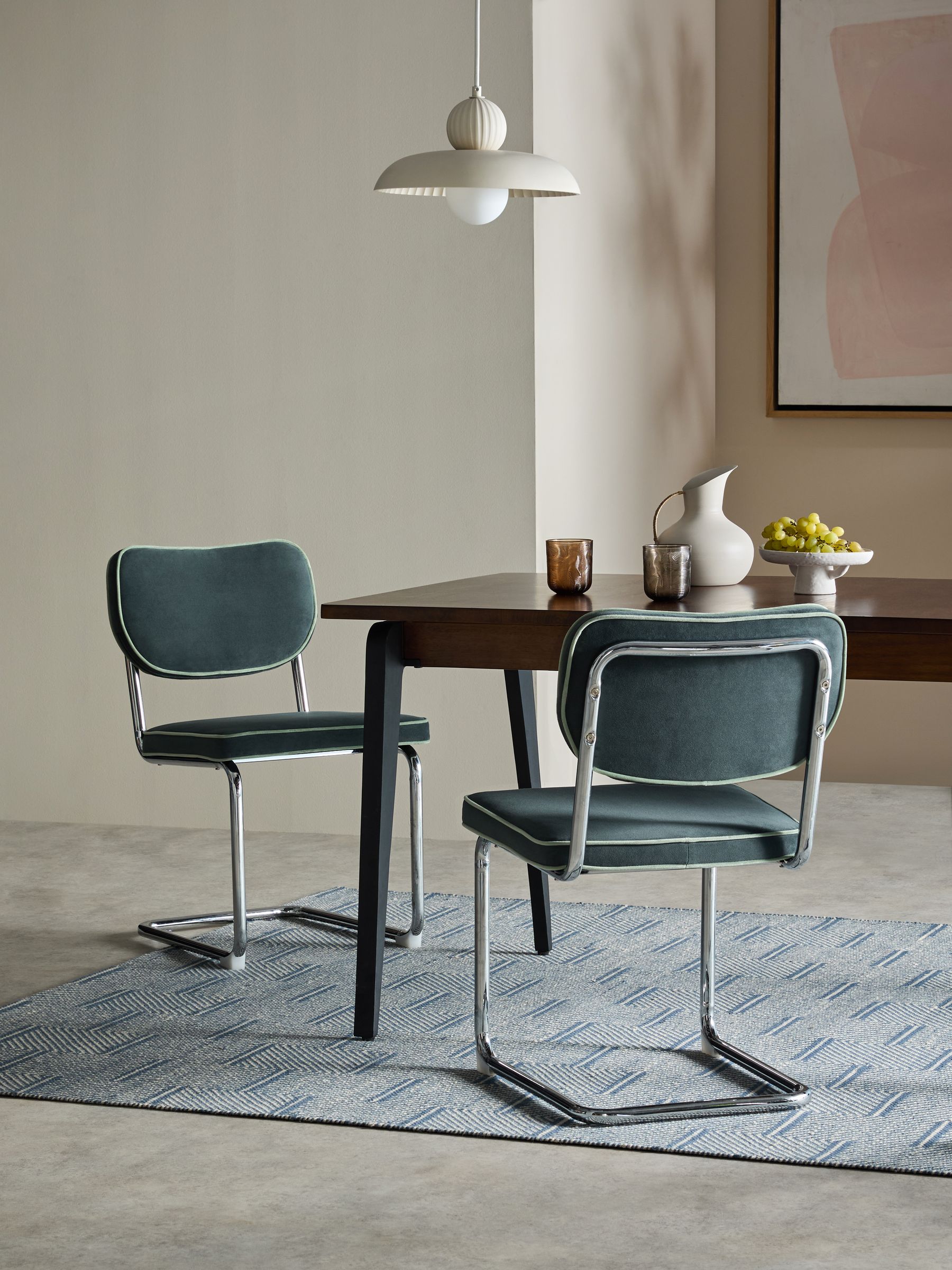 Set of 2 Parker Dining Chairs in Velvet in Grey with Jade Green Piping