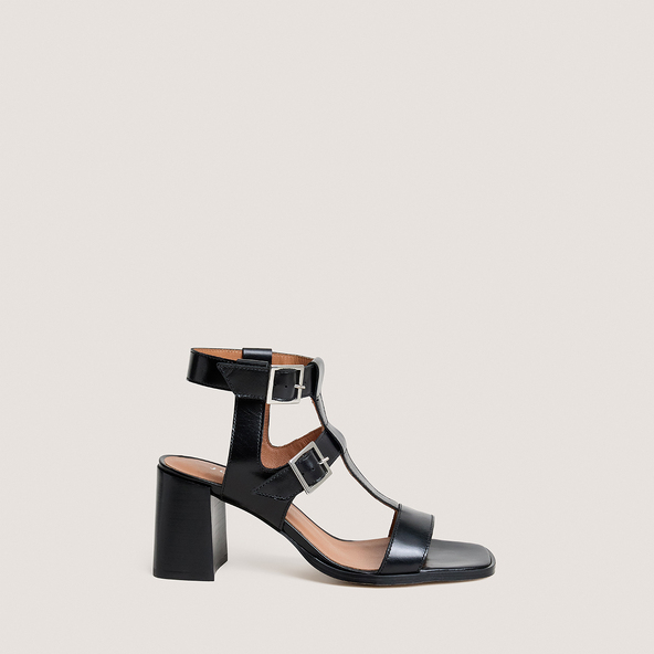 Sandales à talons et doubles brides ajustablesen cuir noir | VALENCIA