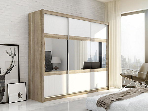 Armoire 3 portes coulissantes - Avec miroir - L250 cm - Coloris : Naturel et blanc - LEOVIA