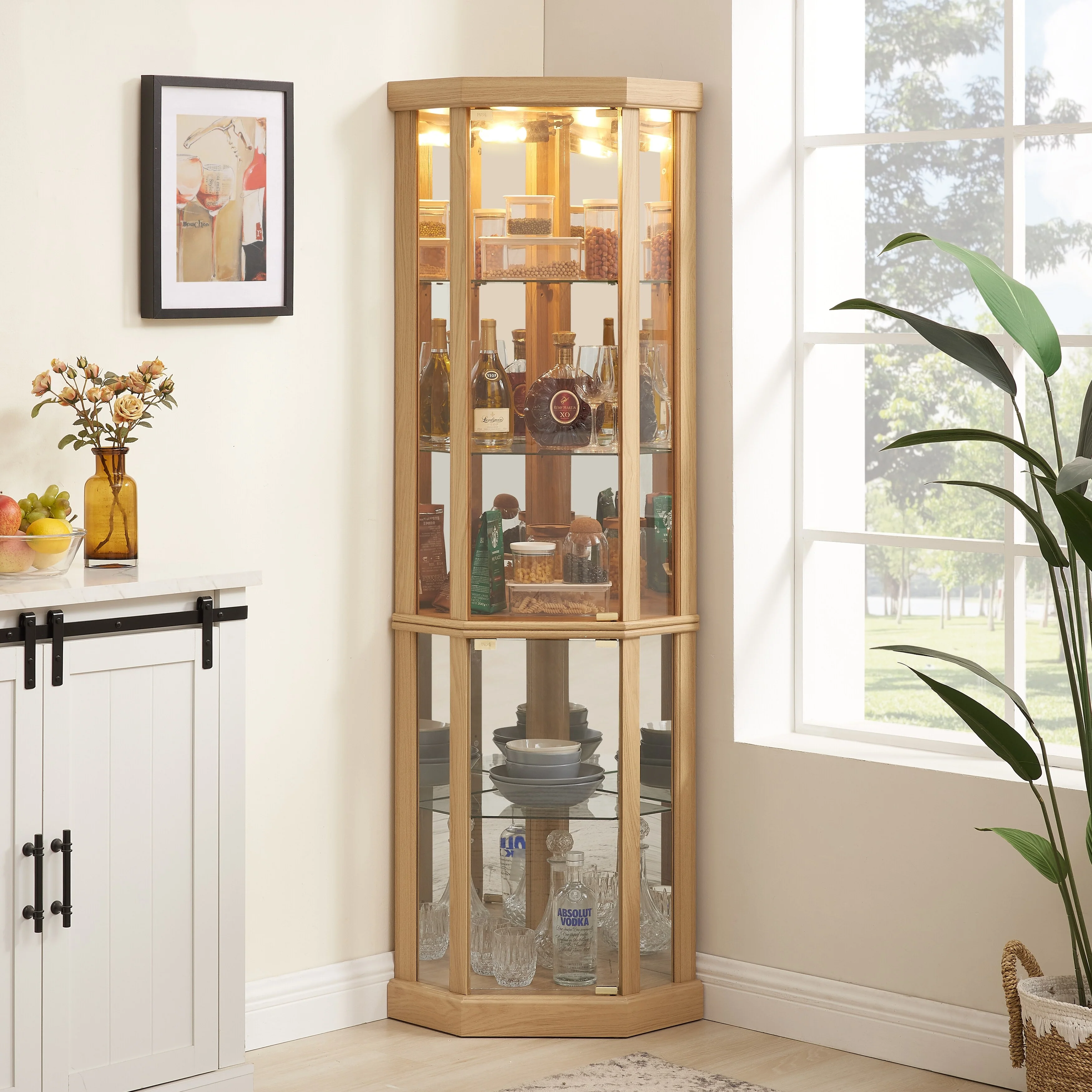 Vintage Display Case with Adjustable Glass Shelves and Lighting System for Living Room, Kitchen