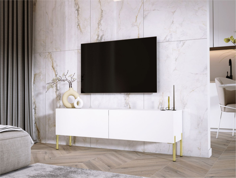 Szafka RTV : Biały Matowy, złote nogi, 140 x 34 x 32 cm