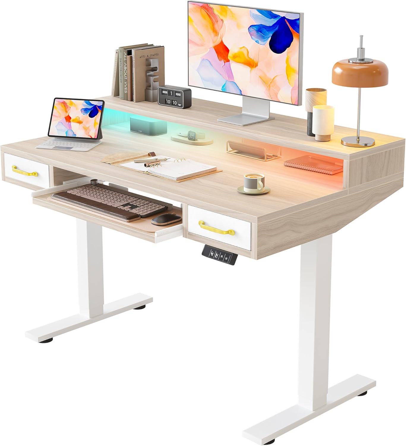 TIQLAB Standing Desk with Two Drawers, Stand Up Standing Desk Adjustable Height, Electric Sit Stand Table with Storage Shelf and Splice Board, with LED Light, 47 * 28 inch, Light Walnut