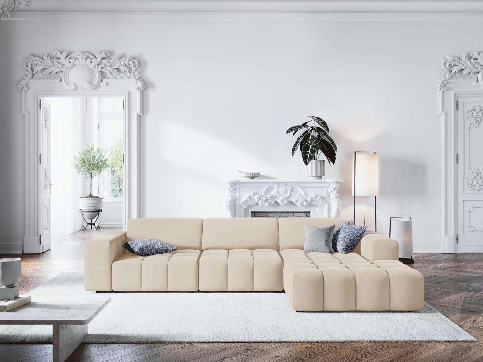 LUC - Canapé d'angle droit 4 places en tissu velours beige clair