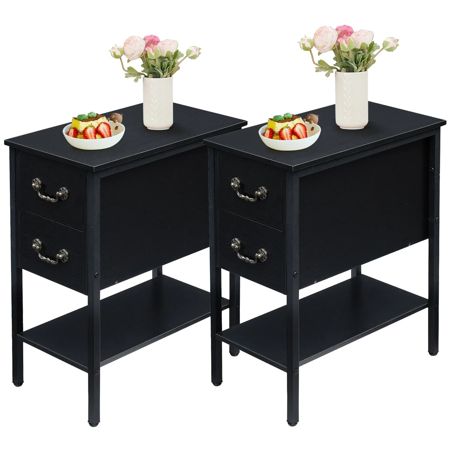 VECELO Modern Nightstands Set of 2, End Tables, Narrow Side Table with Drawers, Nightstand for Small Spaces