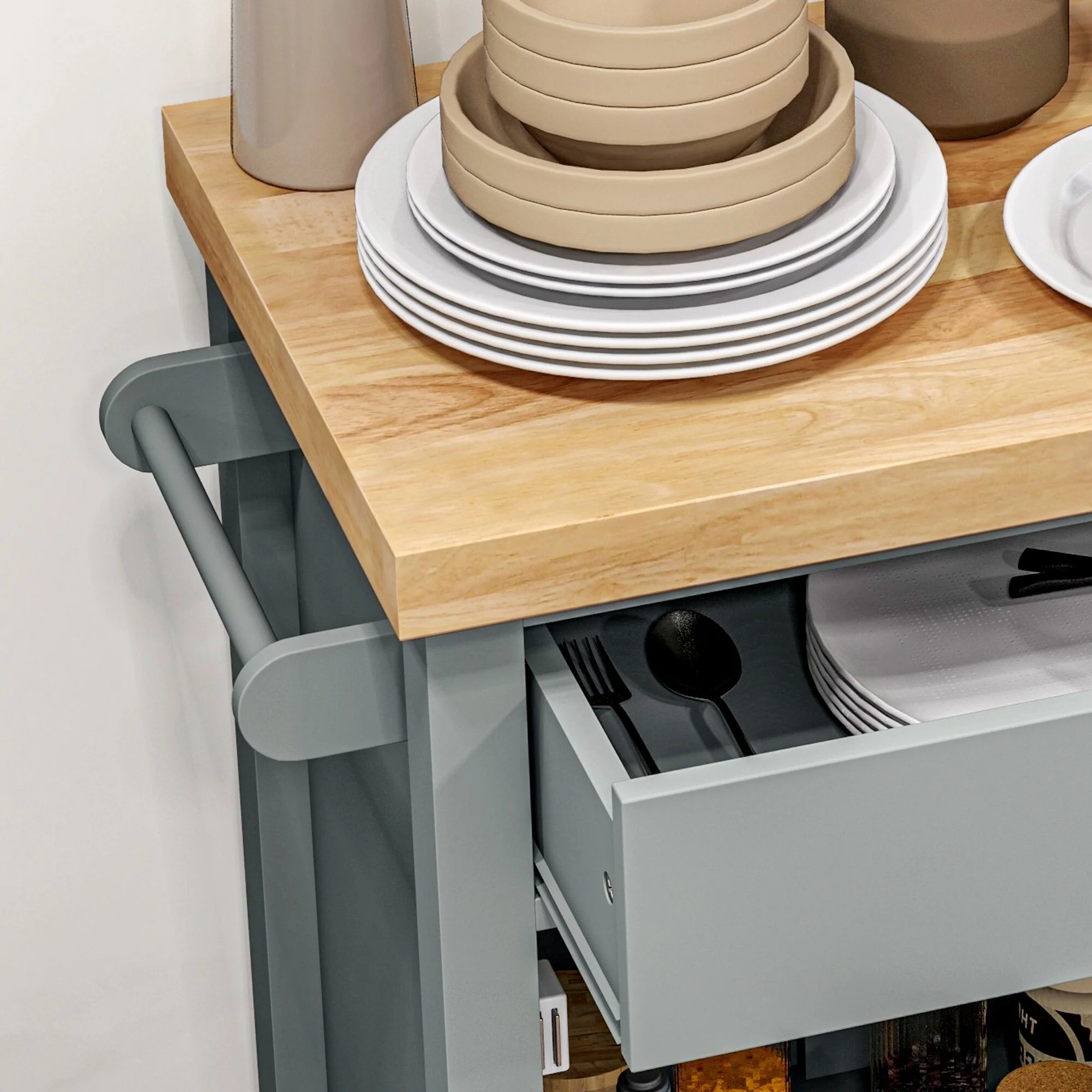 Utility Kitchen Cart, Rolling Kitchen Island with Rubberwood Top, Narrow Butcher Block Surface with Drawer & Cabinet