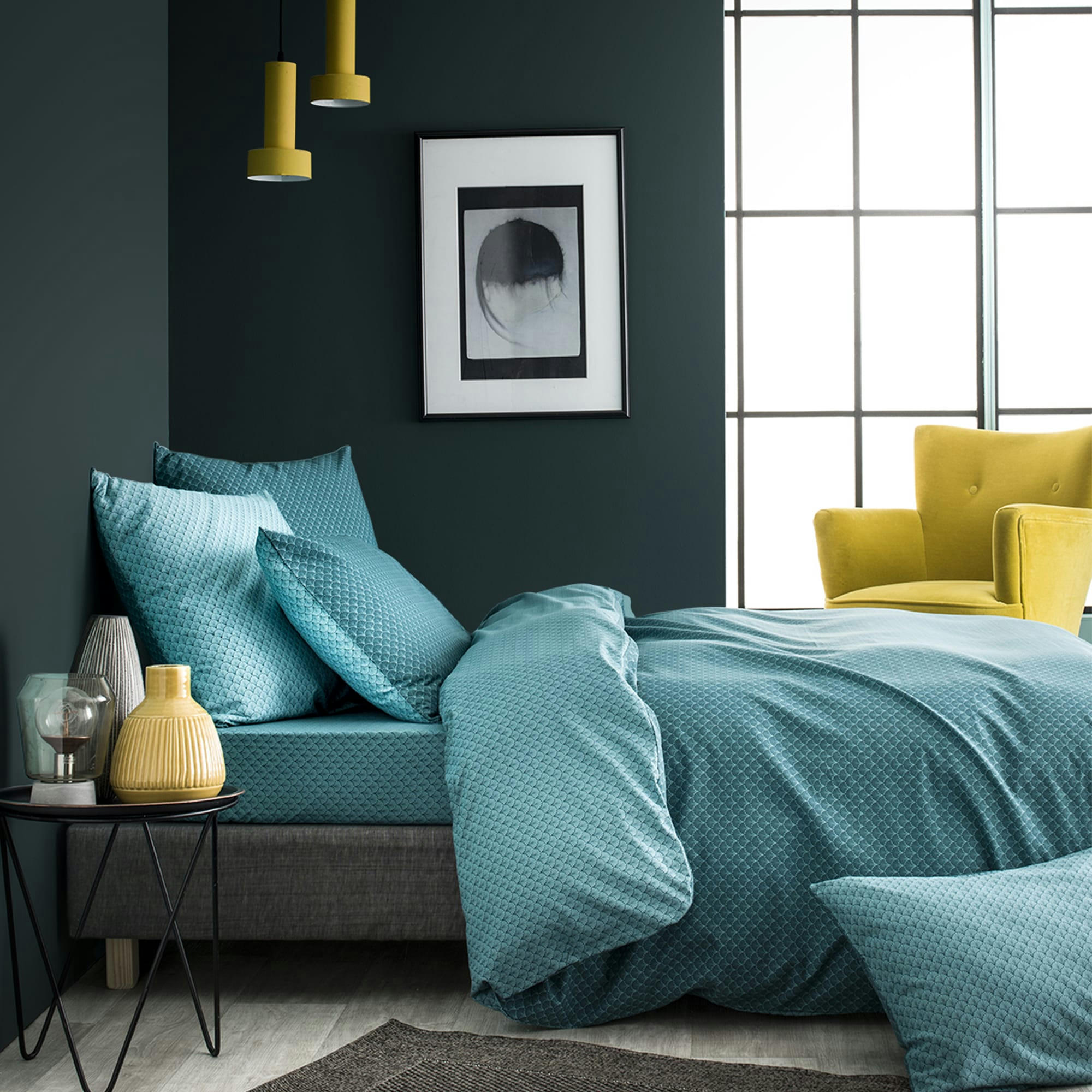 CAMILLE - Drap housse imprimé en bambou vert émeraude 90x190