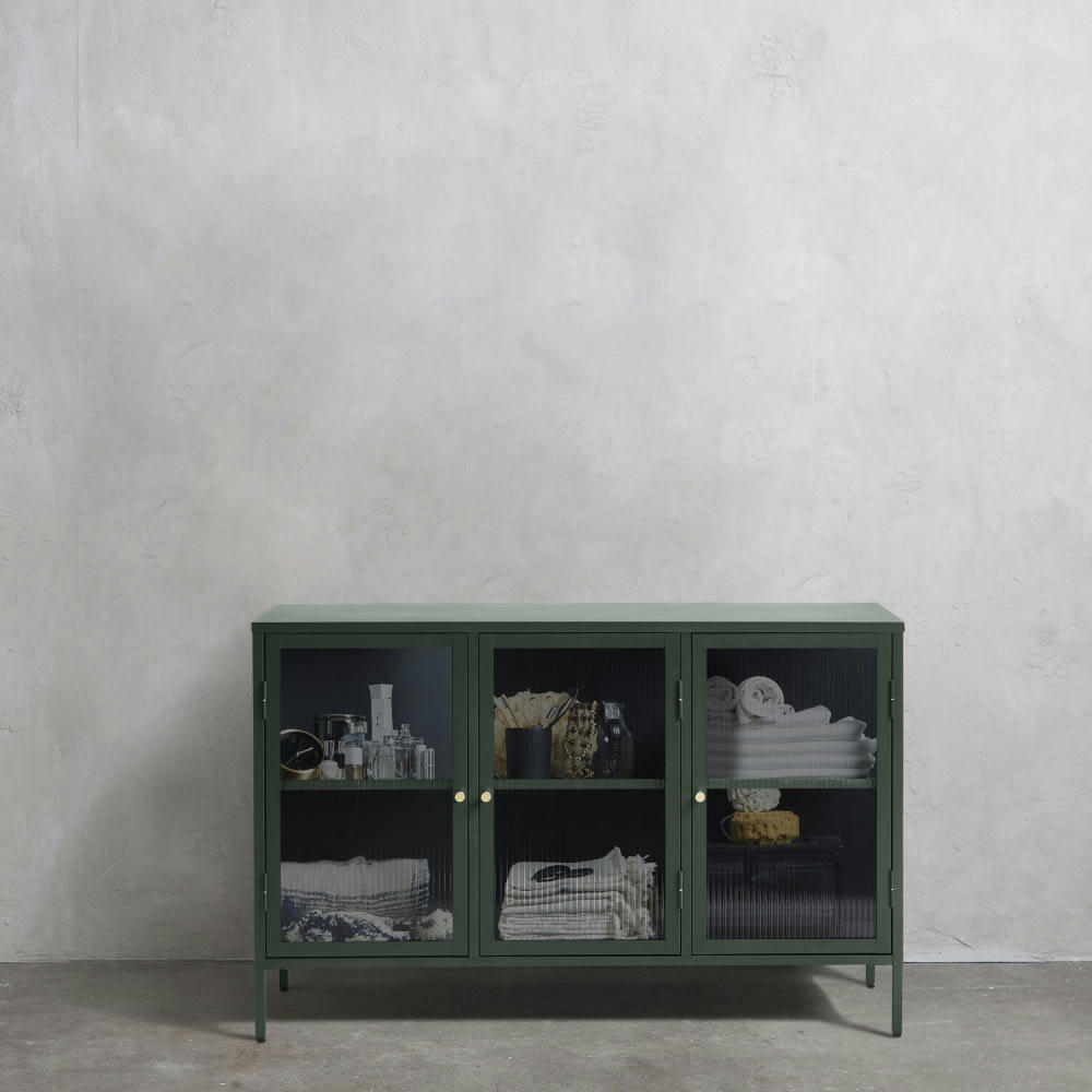 BJORN - Buffet 3 portes en verre strié et métal L132cm vert foncé