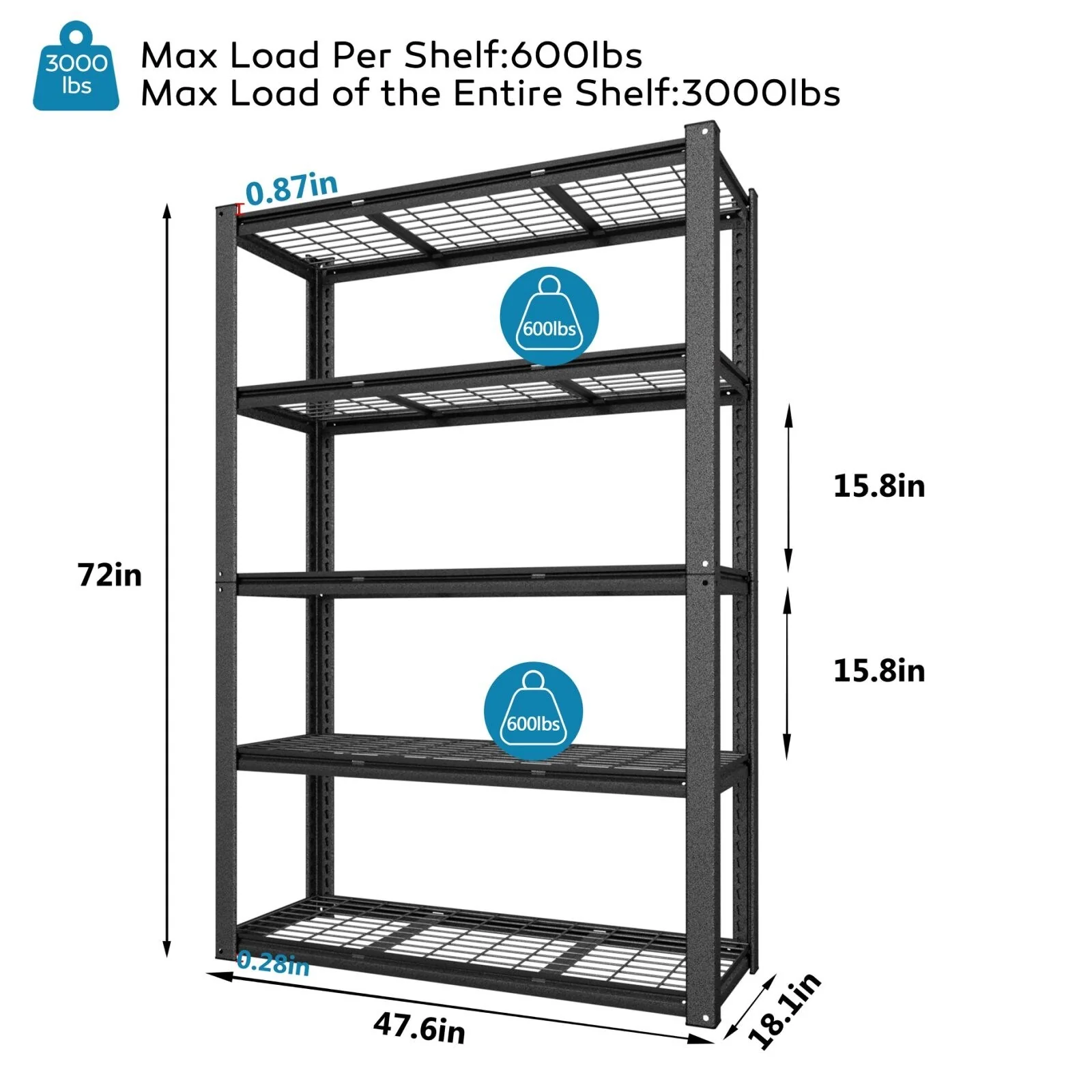 VEIKOUS Heavy-Duty 3000LBS Boltless Metal Storage Shelves, Adjustable Garage Shelving Unit with Reinforced Grating