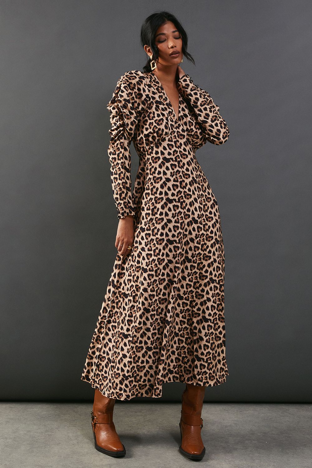 Warehouse Leopard Viscose V Neck Long Puff Sleeve Midi Dress