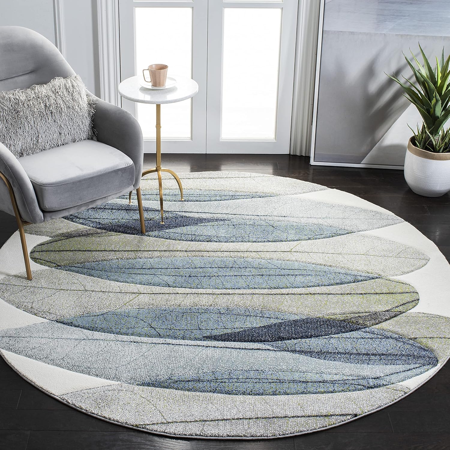 SAFAVIEH Hollywood Collection Round Rug - 8' Round, Ivory & Blue Green, Contemporary Design, Stain Resistant, Ideal for High Traffic Areas in Living Room, Bedroom & Dining Room (HLW703A-8R)