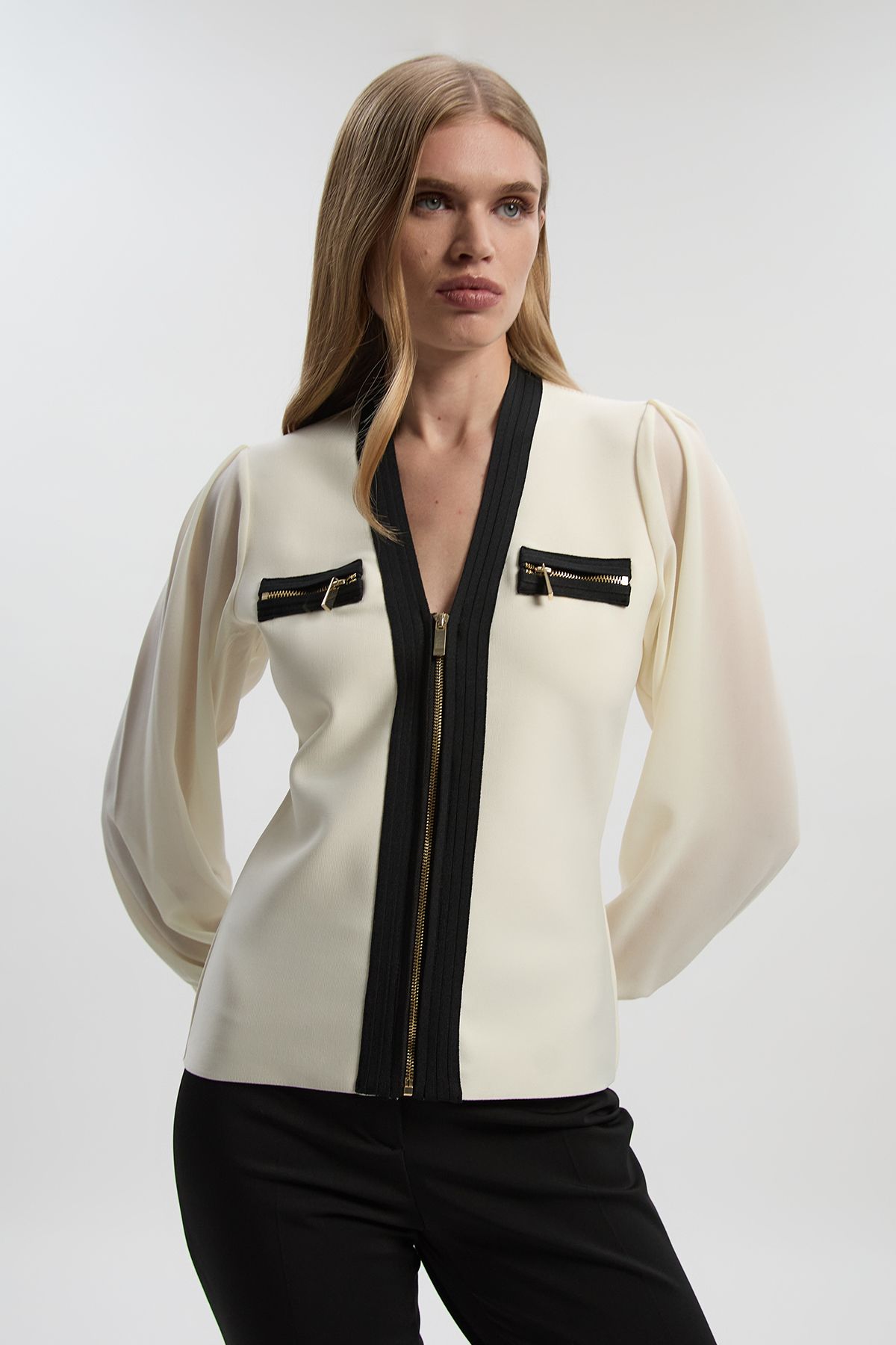 KarenMillen Chiffon Sleeve Zip Through Bandage Knit Top