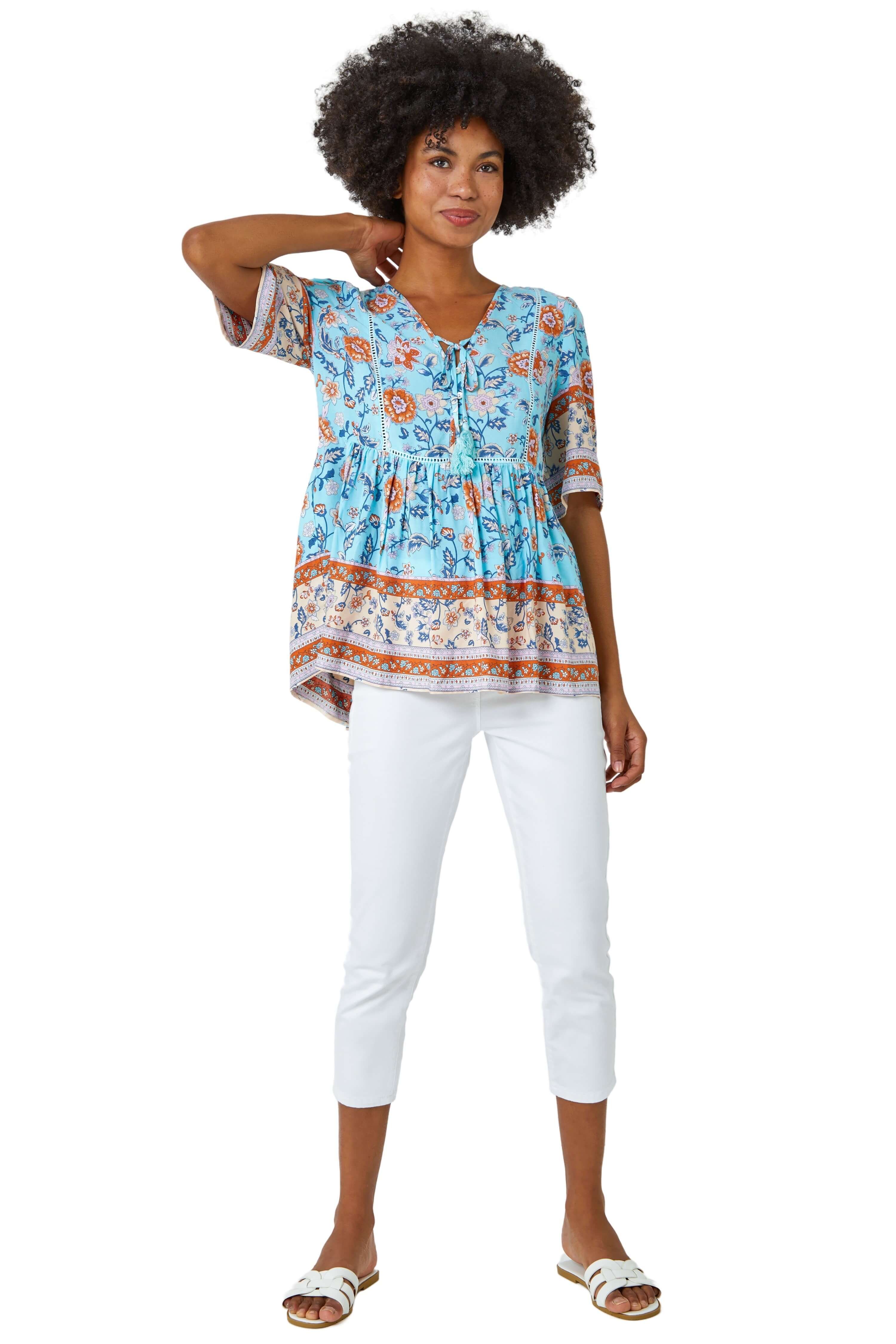 Roman Floral Border Print Tassel Detail Top