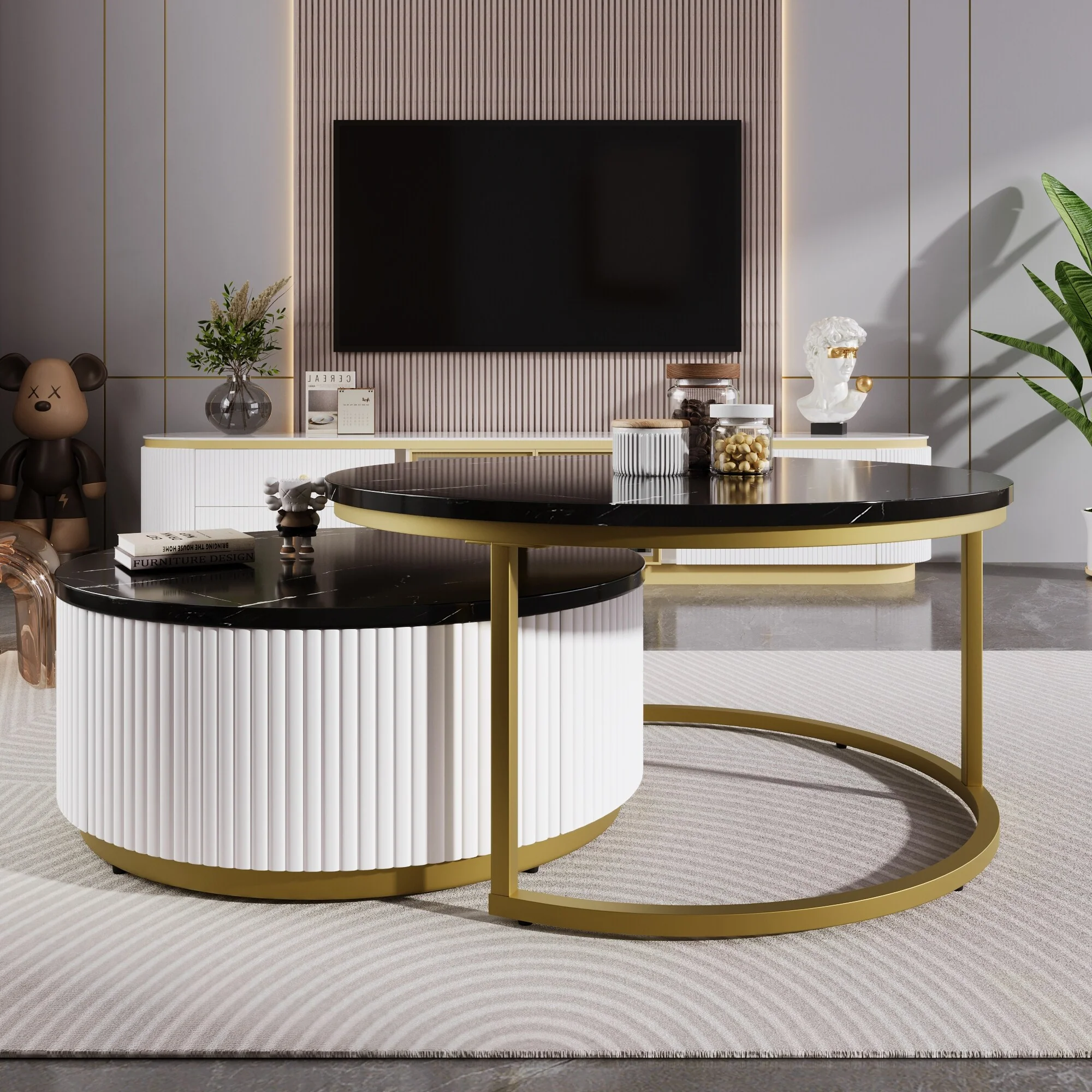 Modern Round Nesting Coffee Table Fluted With Drawer