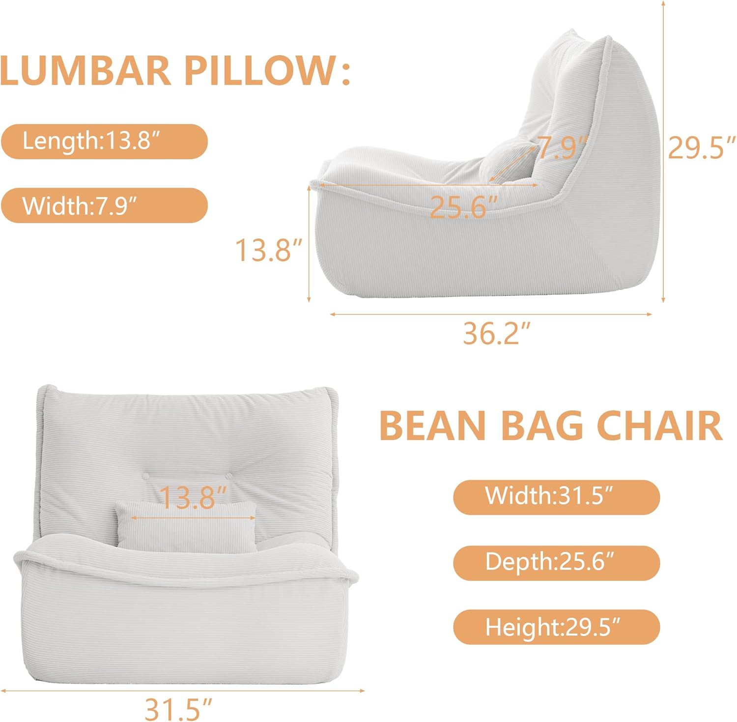 Bean Bag Chair for Adults, Single Lounge Chair with Lumbar Pillow, Comfy Floor Sofa with High-Resilience Foam, Lazy Accent Chair for Living Room, Bedroom, Apartment, Or Reading Corner, White