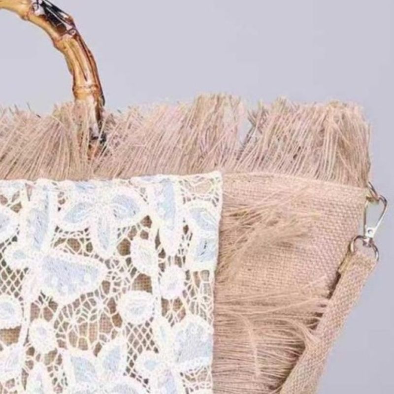 PEACH ACCESSORIES Boho Tote Summer Bag with Floral Lace & Bamboo Handle
