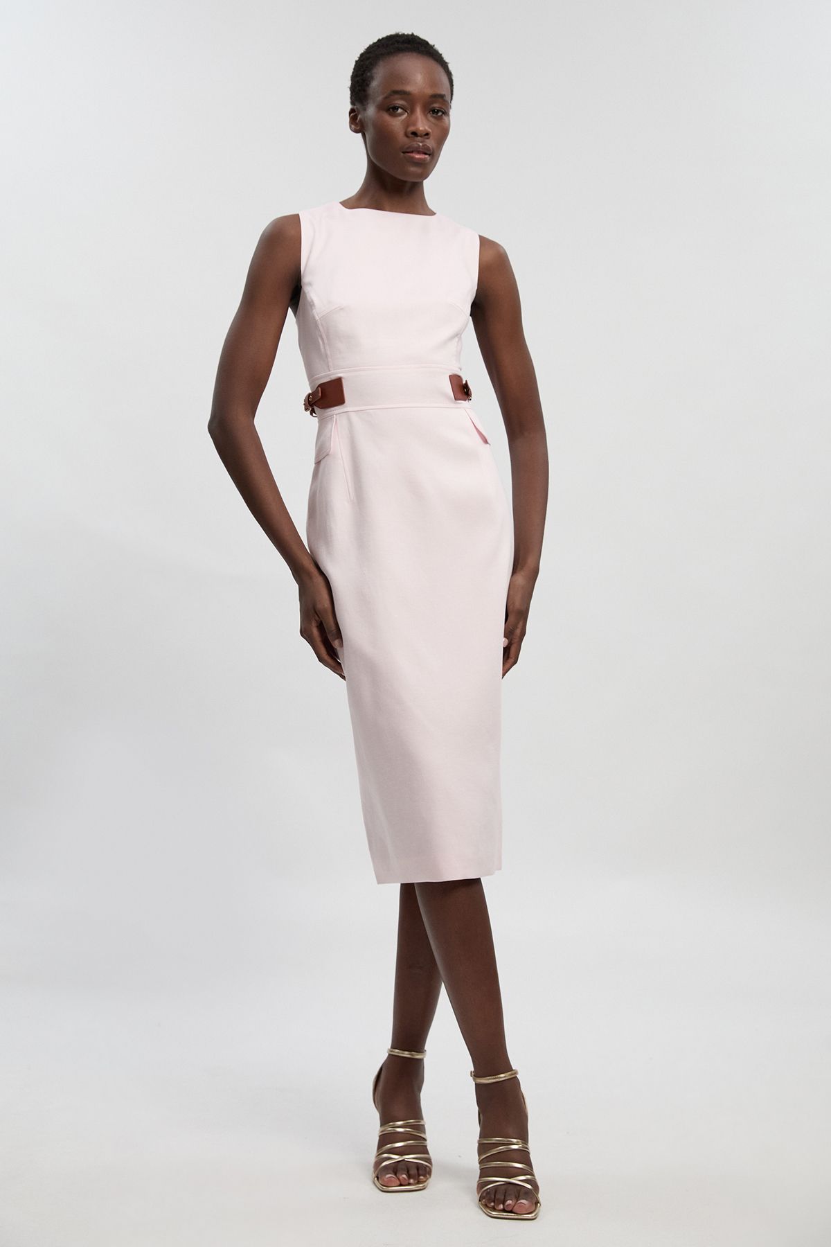 KarenMillen Petite Tailored Linen Tab Waist Pencil Midi Dress