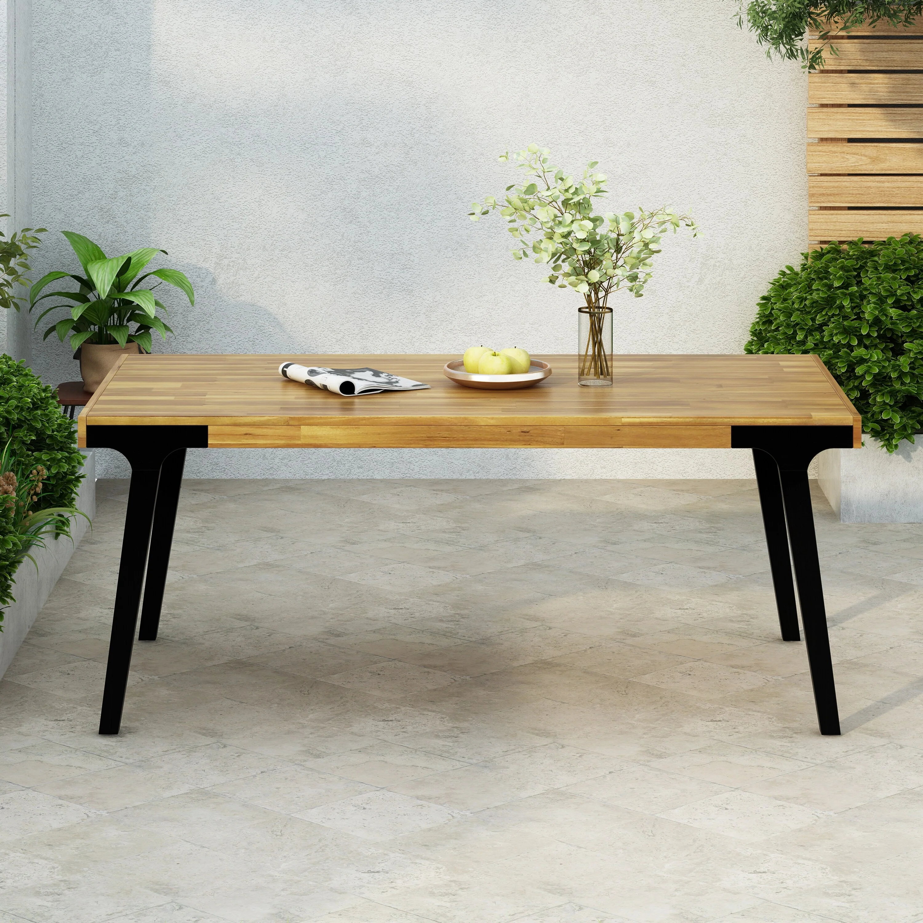 Roomfitters Modern Outdoor Dining Table with Acacia Wood Top and Black Metal Legs, Rectangular, Teak