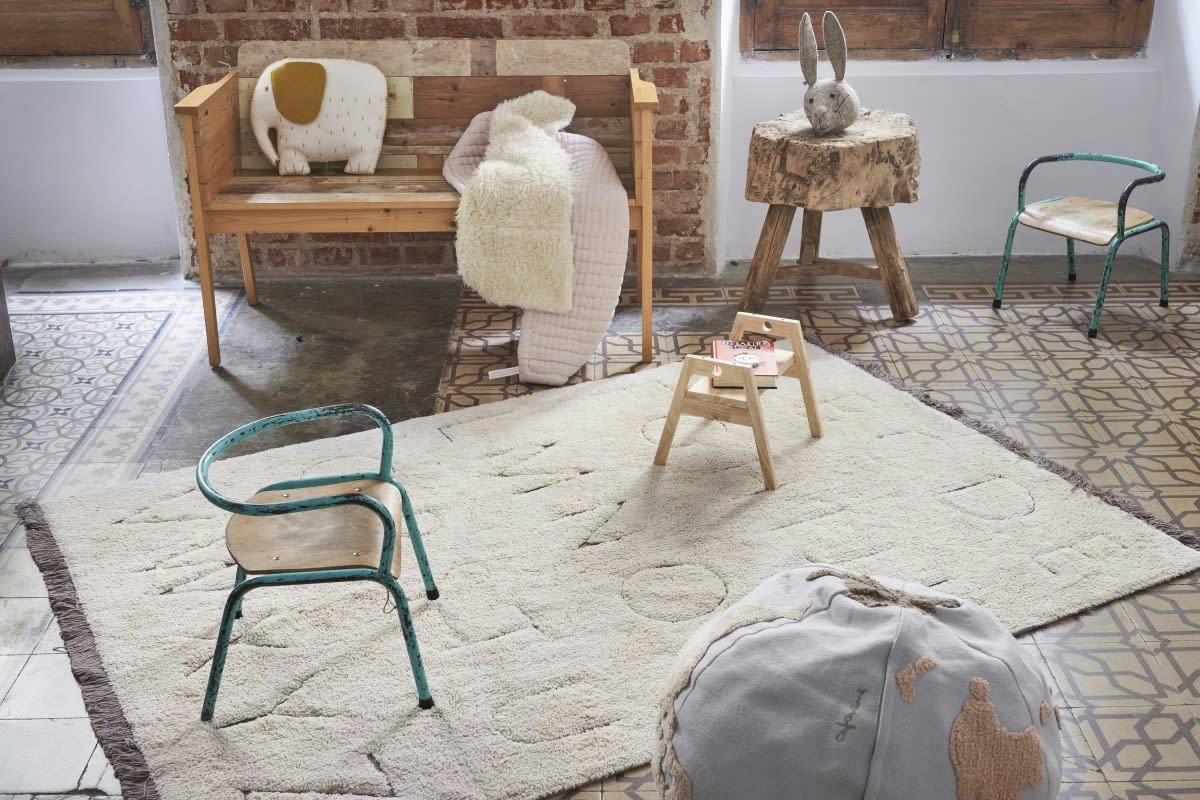 RUGCYCLED - Tapis lavable alphabet en coton blanc 140x200