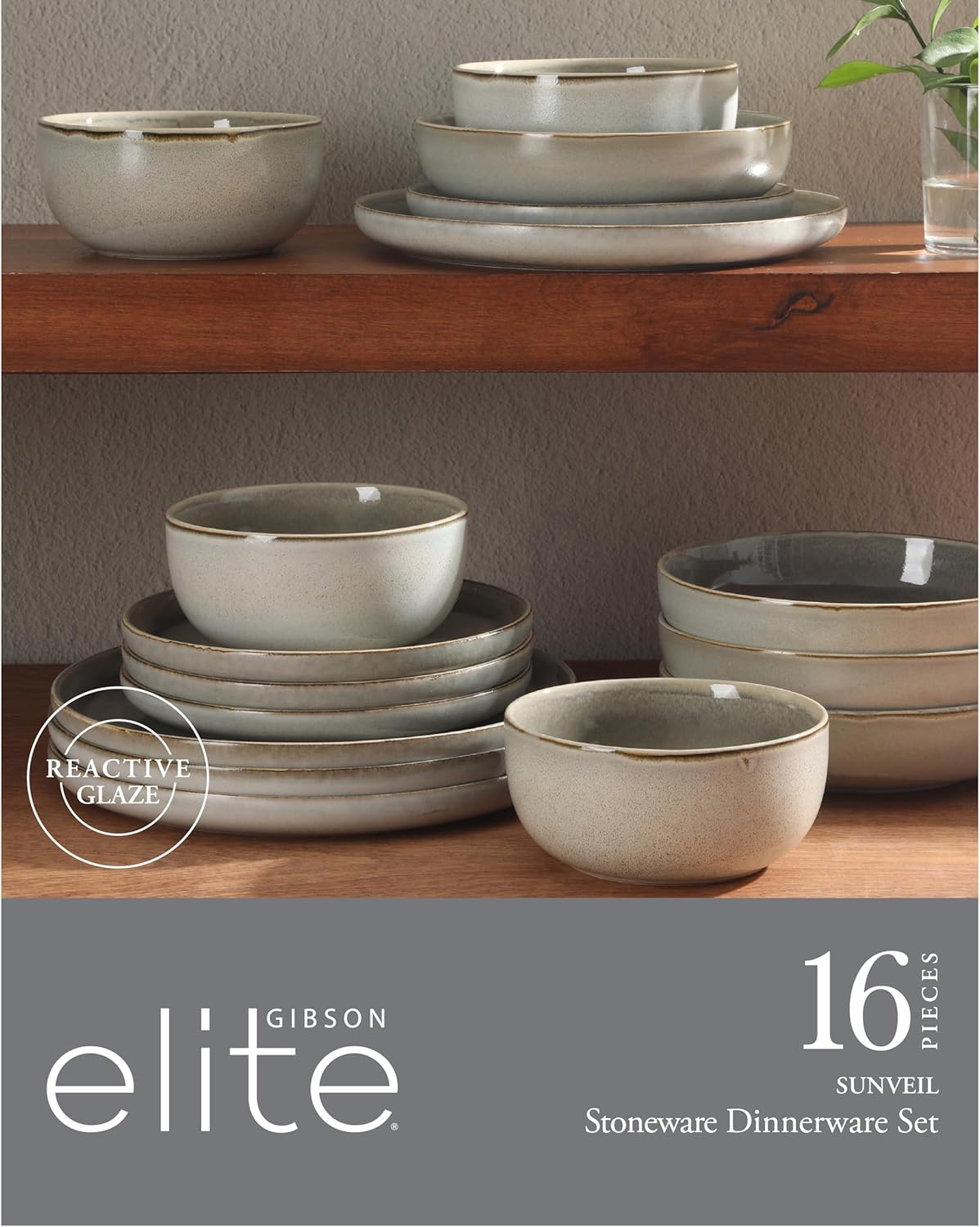 Gibson Elite Sunveil 16 Piece (Service for 4) Plates and Bowls Reactive Glaze Round Dishes Stoneware Ceramic Dinnerware Set - Light Taupe