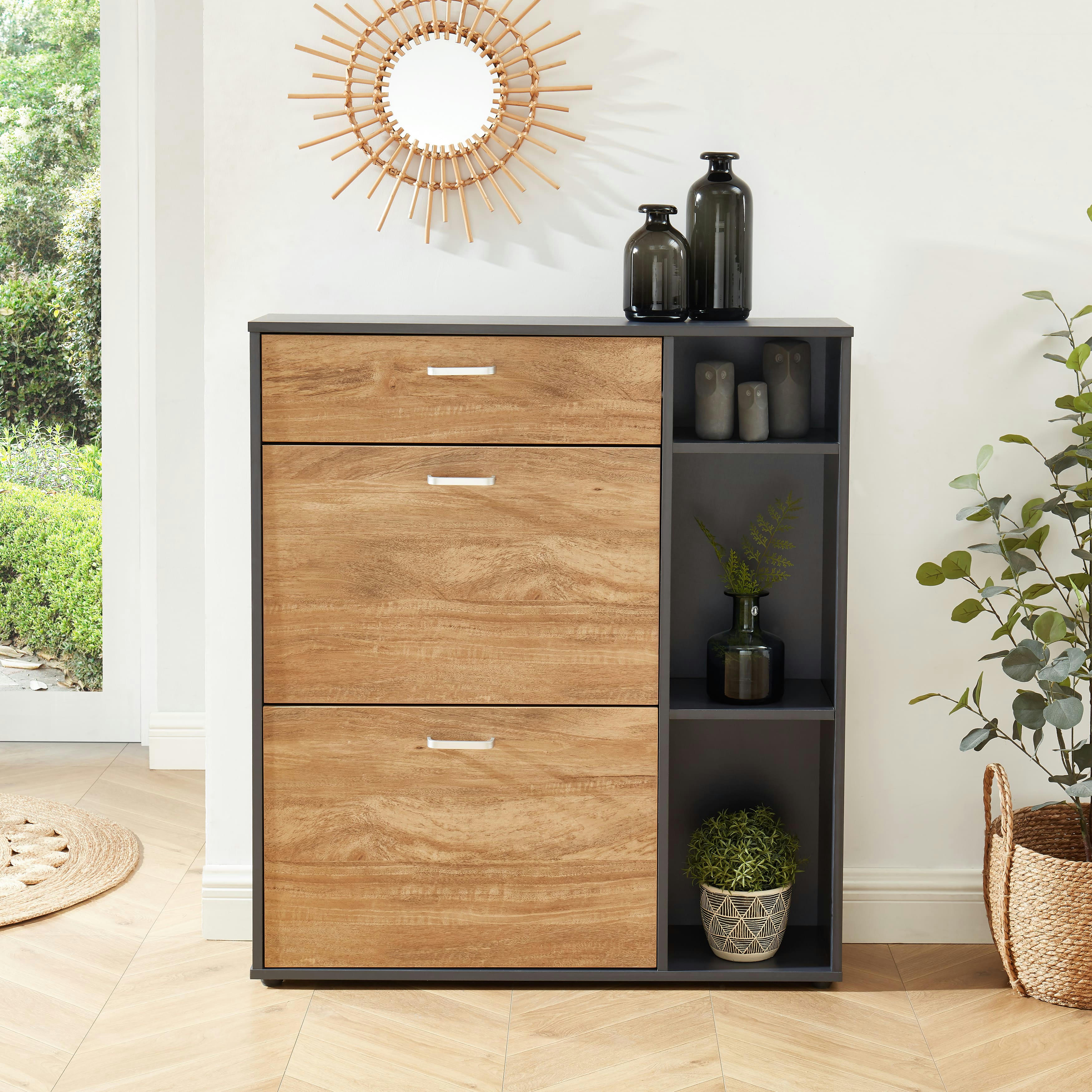 LAZARE - Meuble à chaussures   gris et effet bois  3 portes 90cm