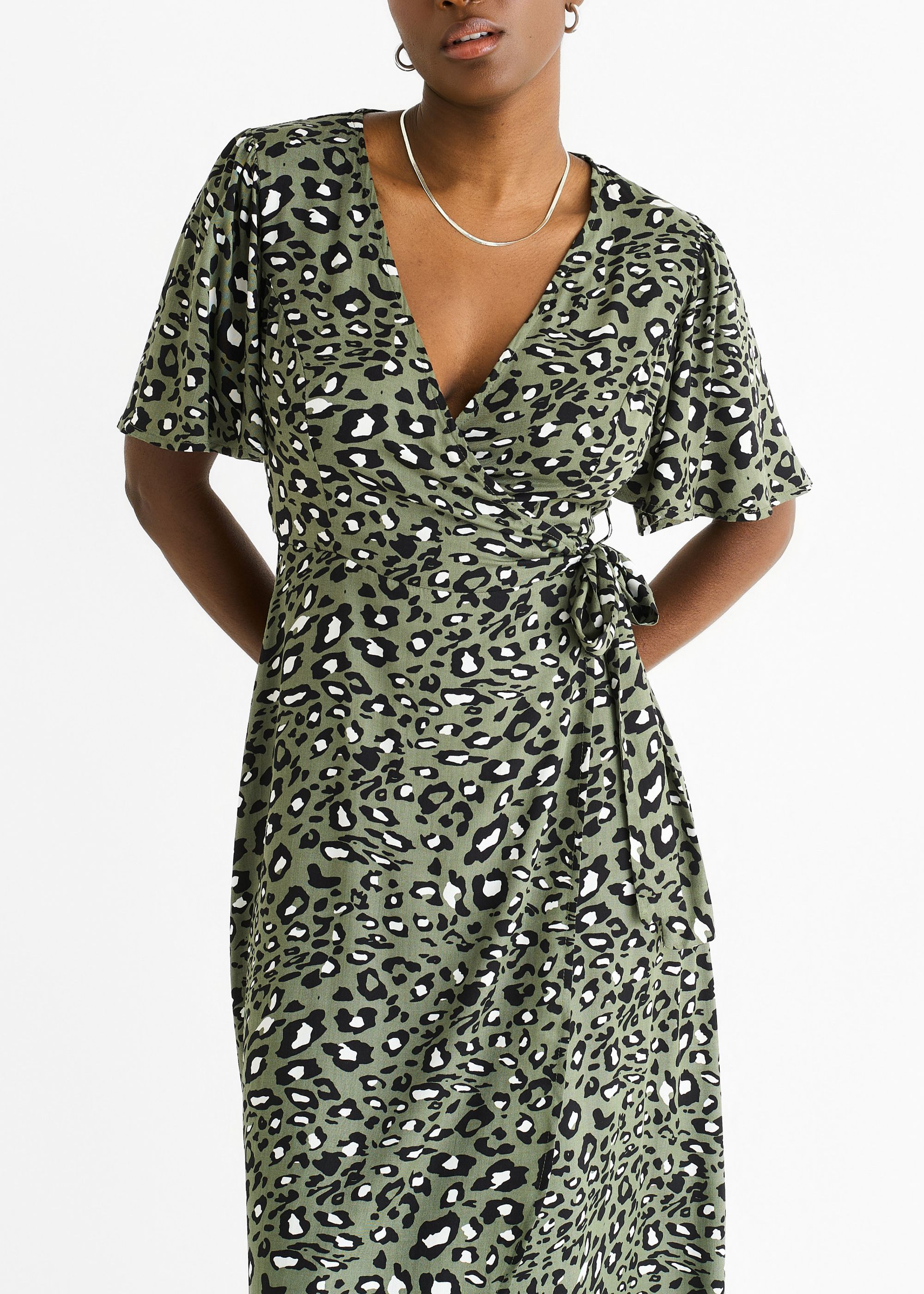 Gini London Khaki Animal Print Viscose Wrap Midi Dress