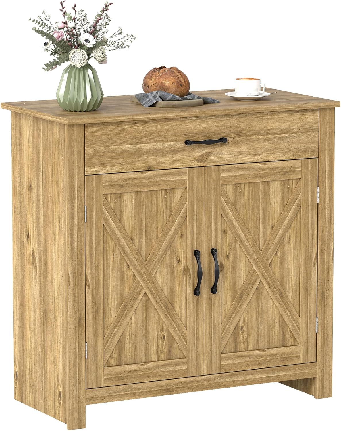HOMCOM Farmhouse Sideboard Buffet Cabinet, Barn Door Coffee Bar Cabinet with Drawer and Adjustable Shelf for Kitchen, Living Room, Entryway, Natural Wood Effect