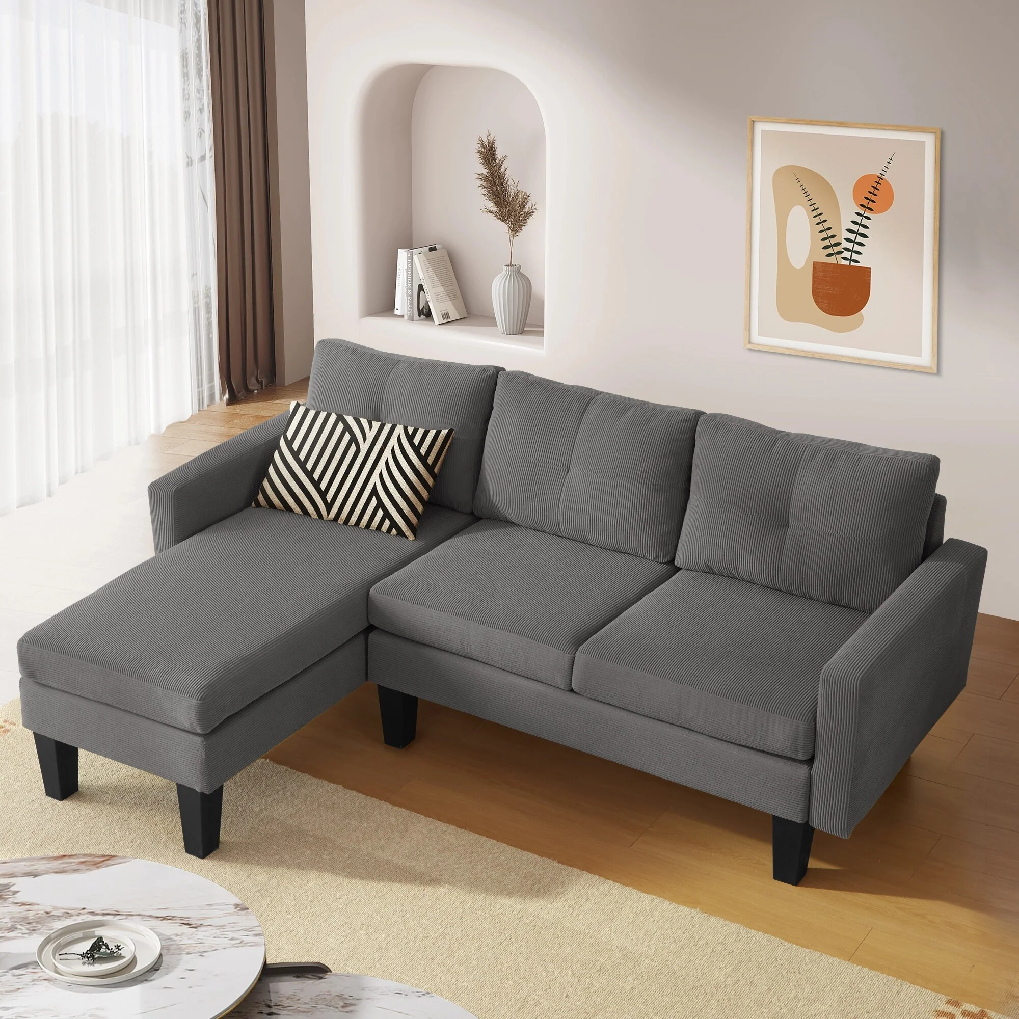 HOOOWOOO Modern L-shaped Corduroy Fabric Chaise Sofa