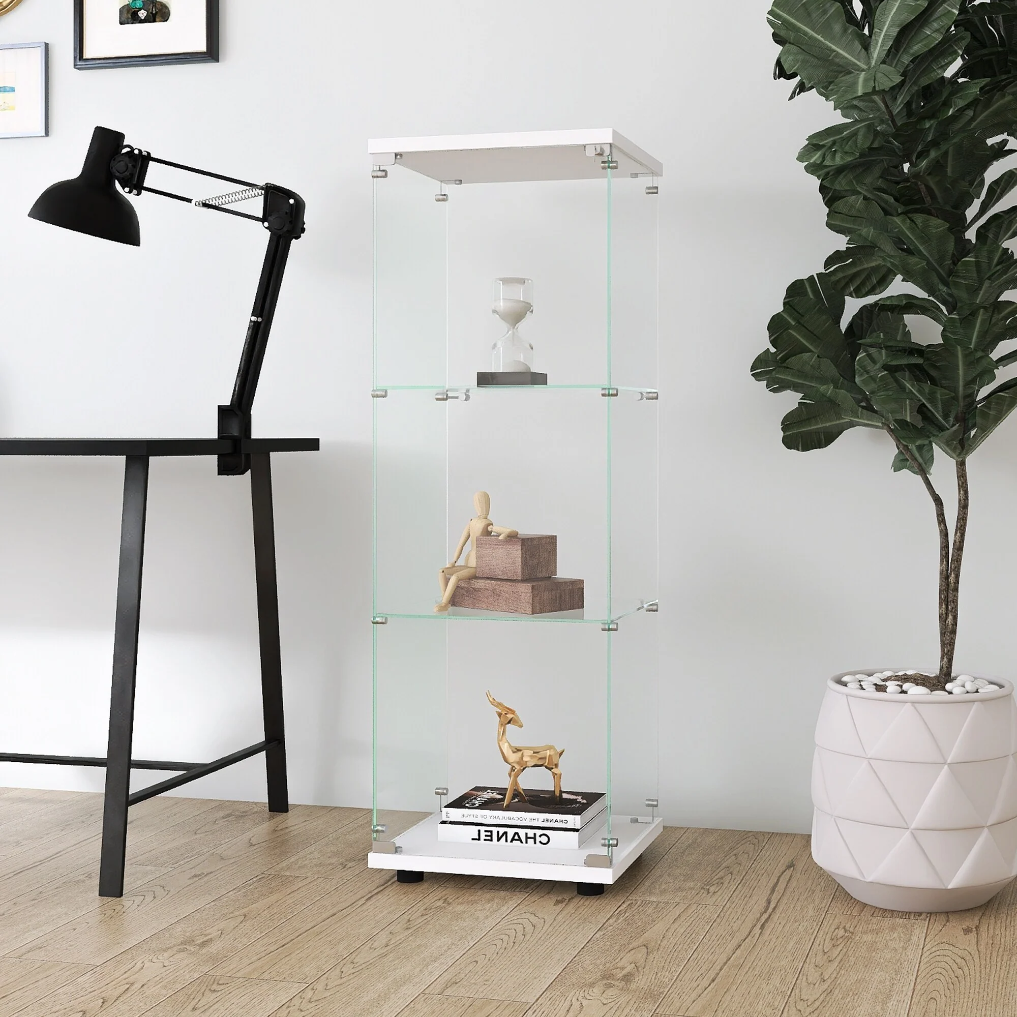 Glass Display Cabinet with 3 Shelves, One-Door Curio Cabinets for Living Room