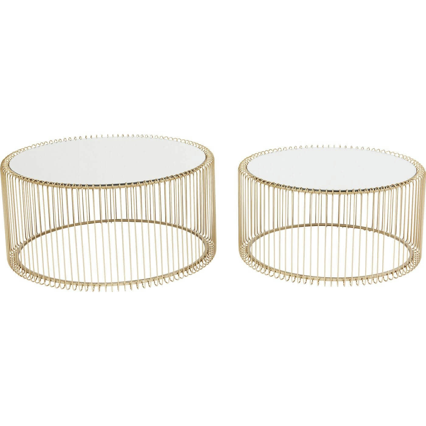 WIRE - 2 tables basses rondes en acier doré et verre miroir