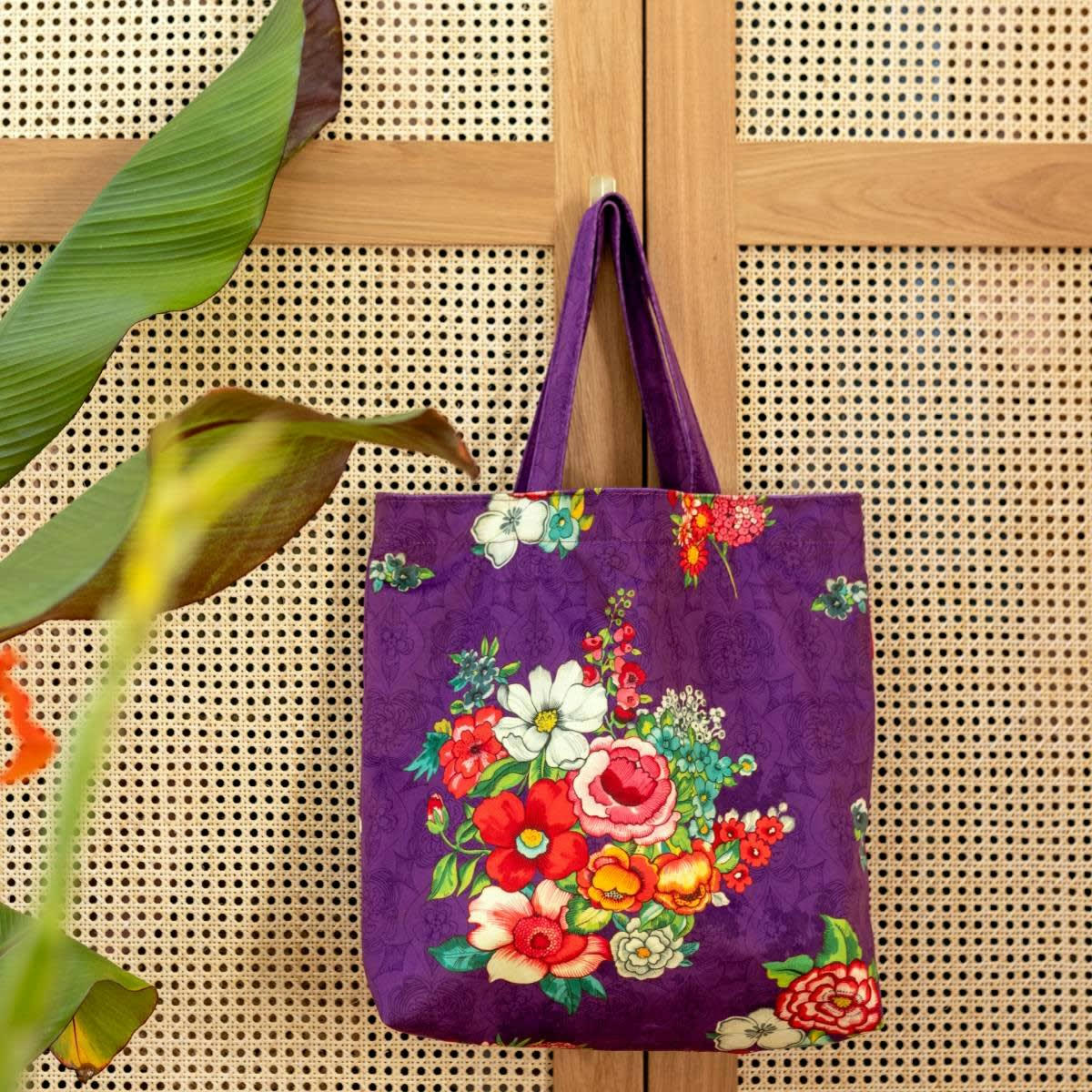 HANAMI - Tote bag en velours imprimé fleuri violet 45x40 cm