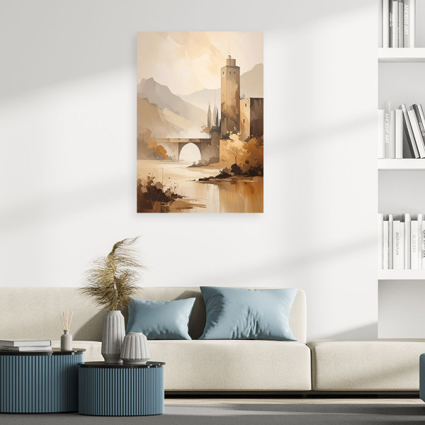 Obraz do salonu sypialni, Pastelowy Pejzaż Gór Architektura 20x30