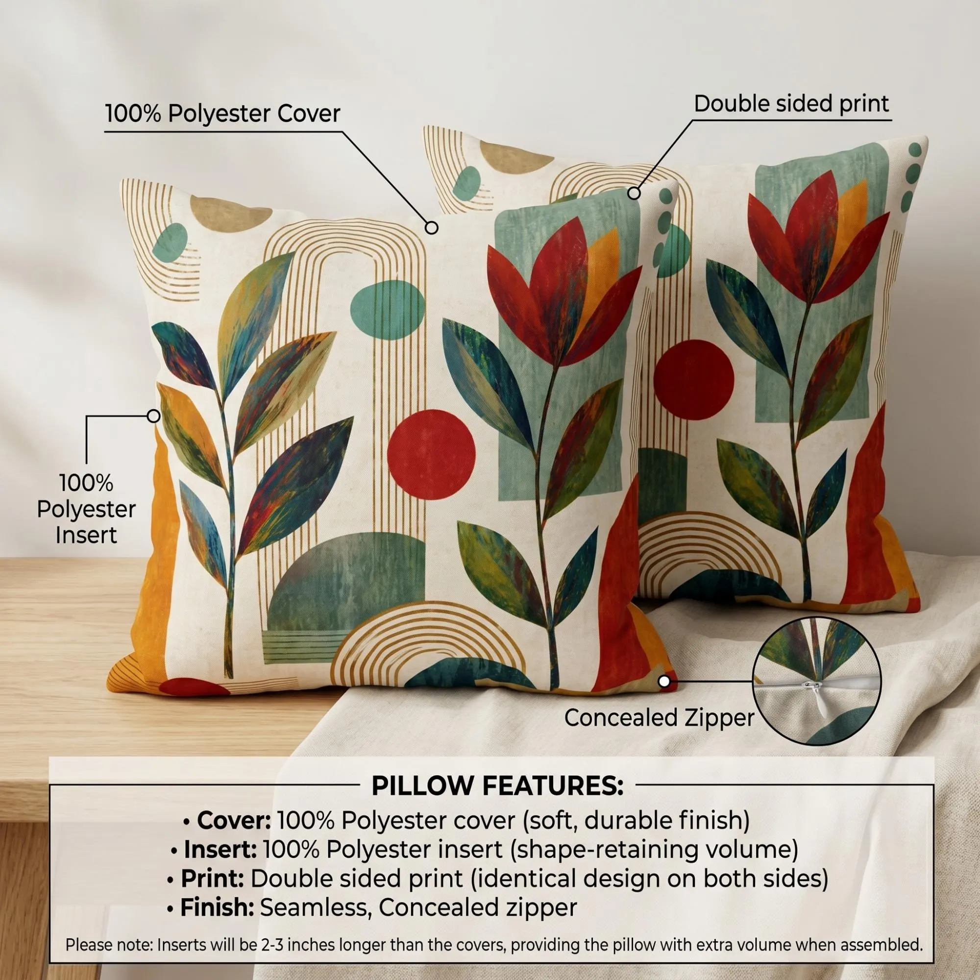 Mid Century Modern Throw Pillow Abstract Floral Boho Cushion Colorful Botanical Living Room Decor