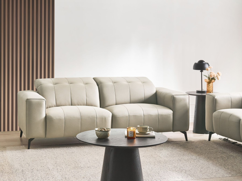 Sofa 3 osobowa tapicerowana ekoskóra regulowany zagłówek jasnobeżowa