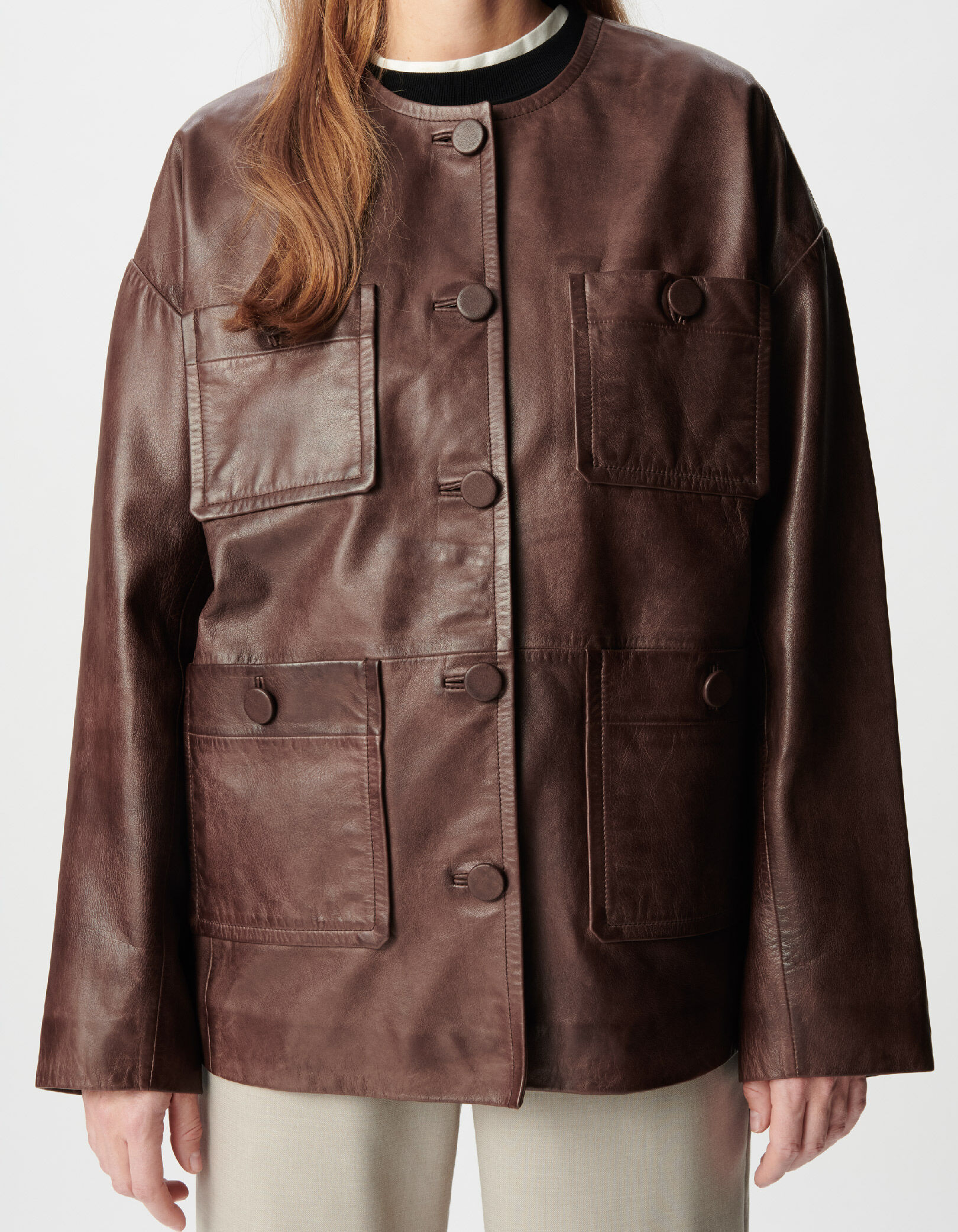 Manteau marron cuir délavé poches plaquées Femme