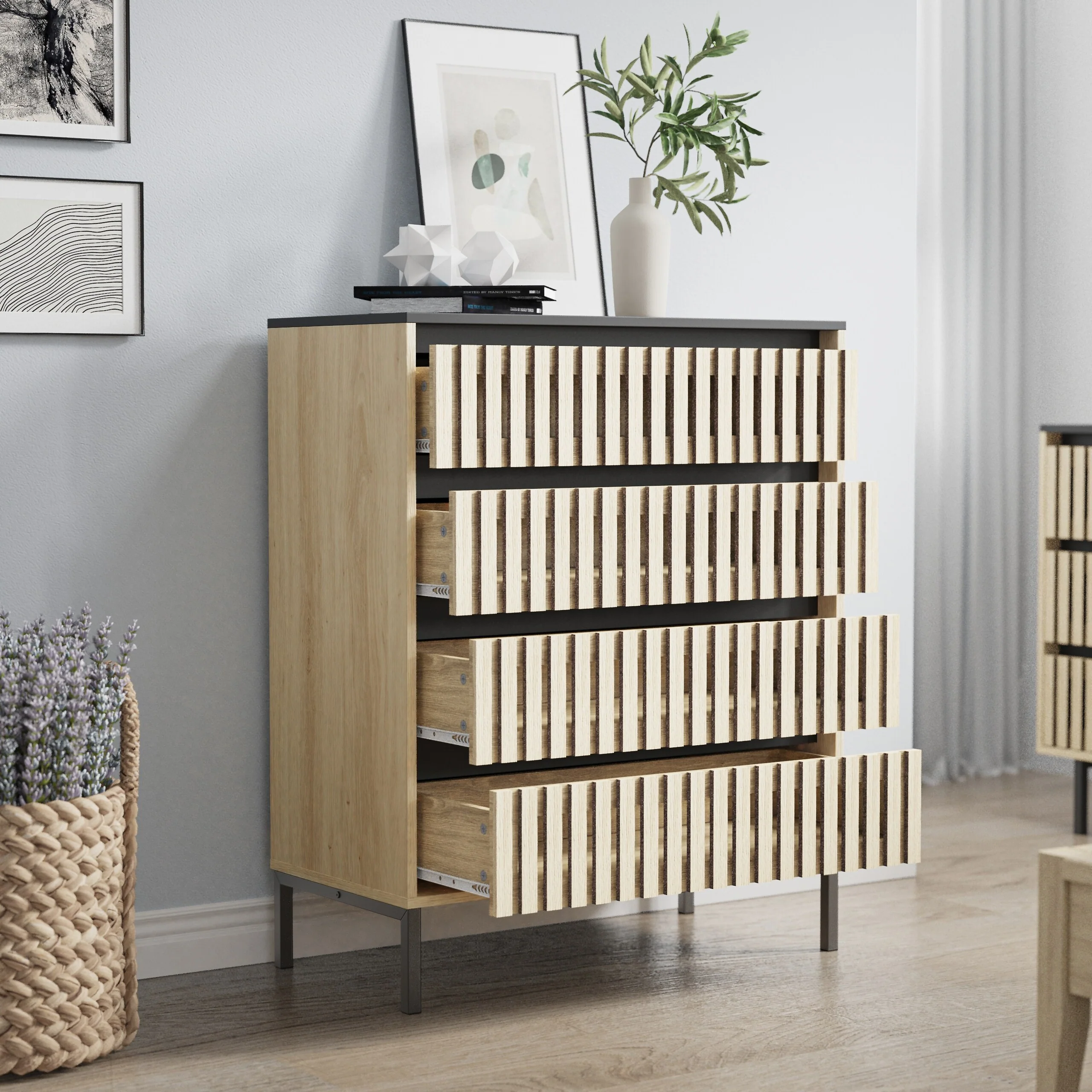 4-Drawer Vertical Chest Storage Cabinet with Slatted Drawer Fronts, Bedroom Clothing Storage