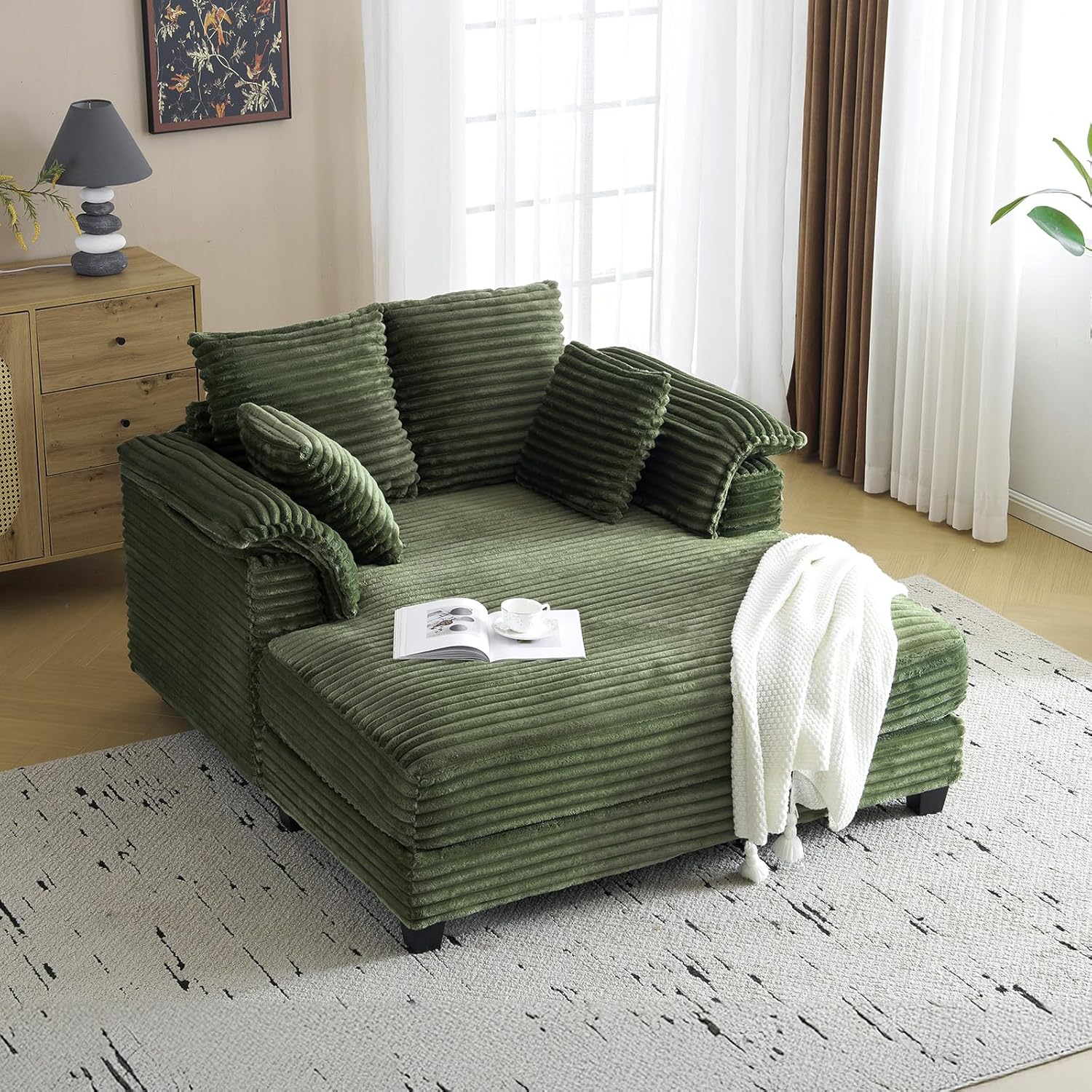 VINGLI Lounge Chair, 56 Oversized Reading Chair Corduroy Chaise Sofa Recliner Bed Upholstered Comfy Sleeper Couch with Throw Pillows and Armrests for Living Room, Movie Room, Bedroom