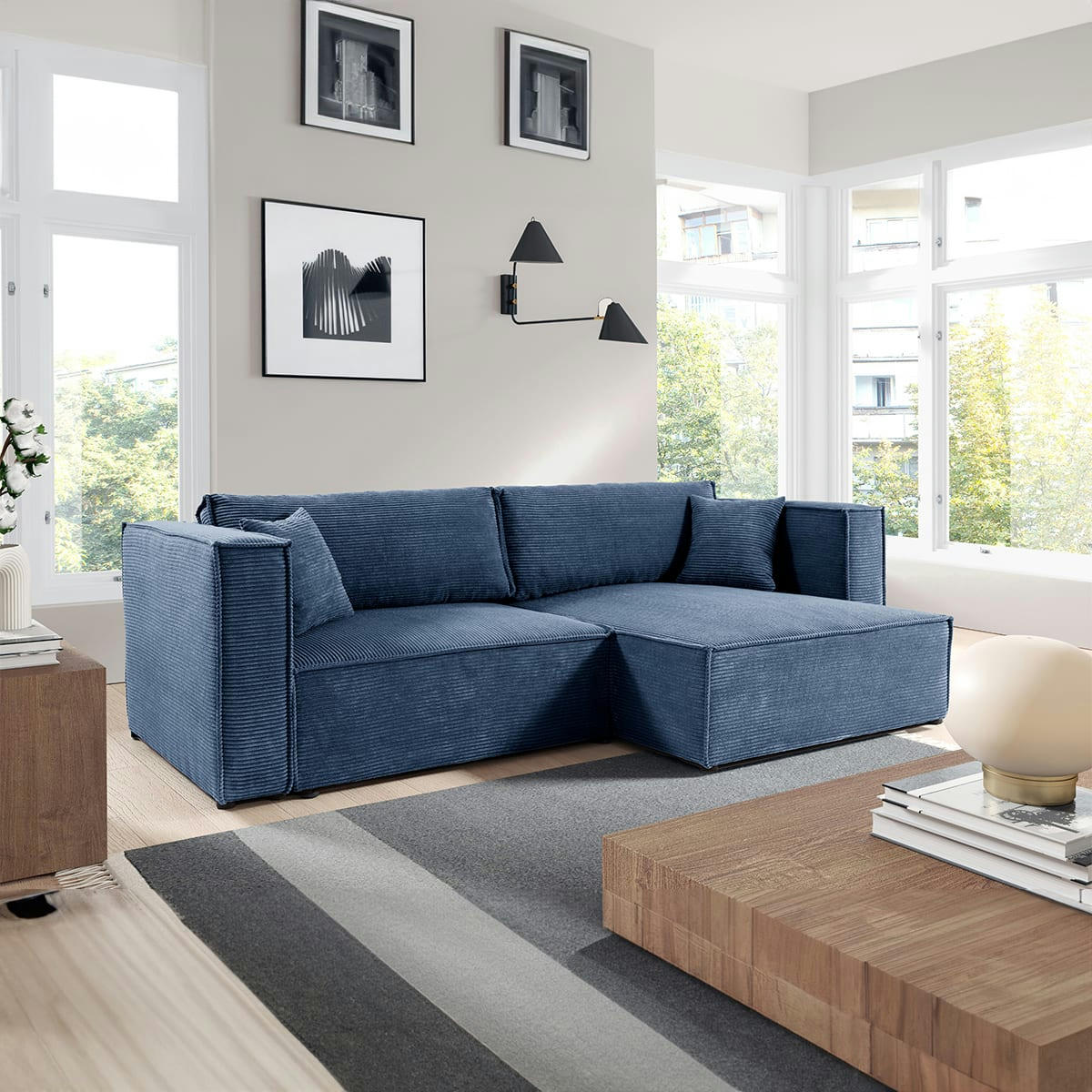 - Canapé d'angle réversible convertible 3 places velours côtelé bleu
