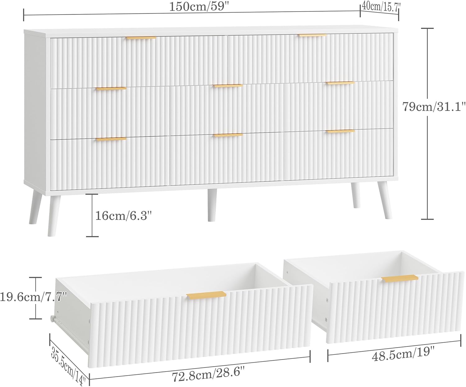 Fluted Dresser for Bedroom with 8 Drawers, Wooden Dresser with Metal Handle, Modern Storage Organizer for Bedroom, Wood Closet for Hallway, Living Room,White BDR104W