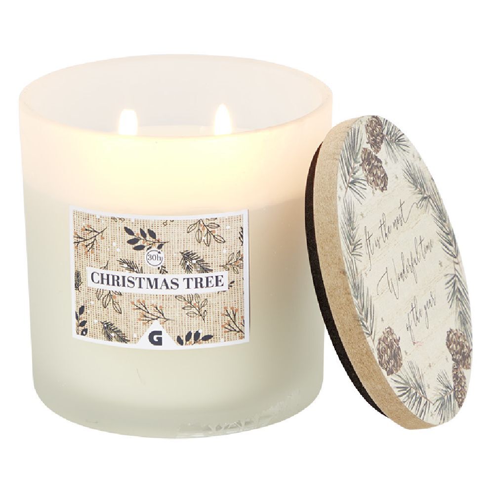 Bougie No&euml;l blanche senteur Christmas tree 30H - Ø10xH10cm