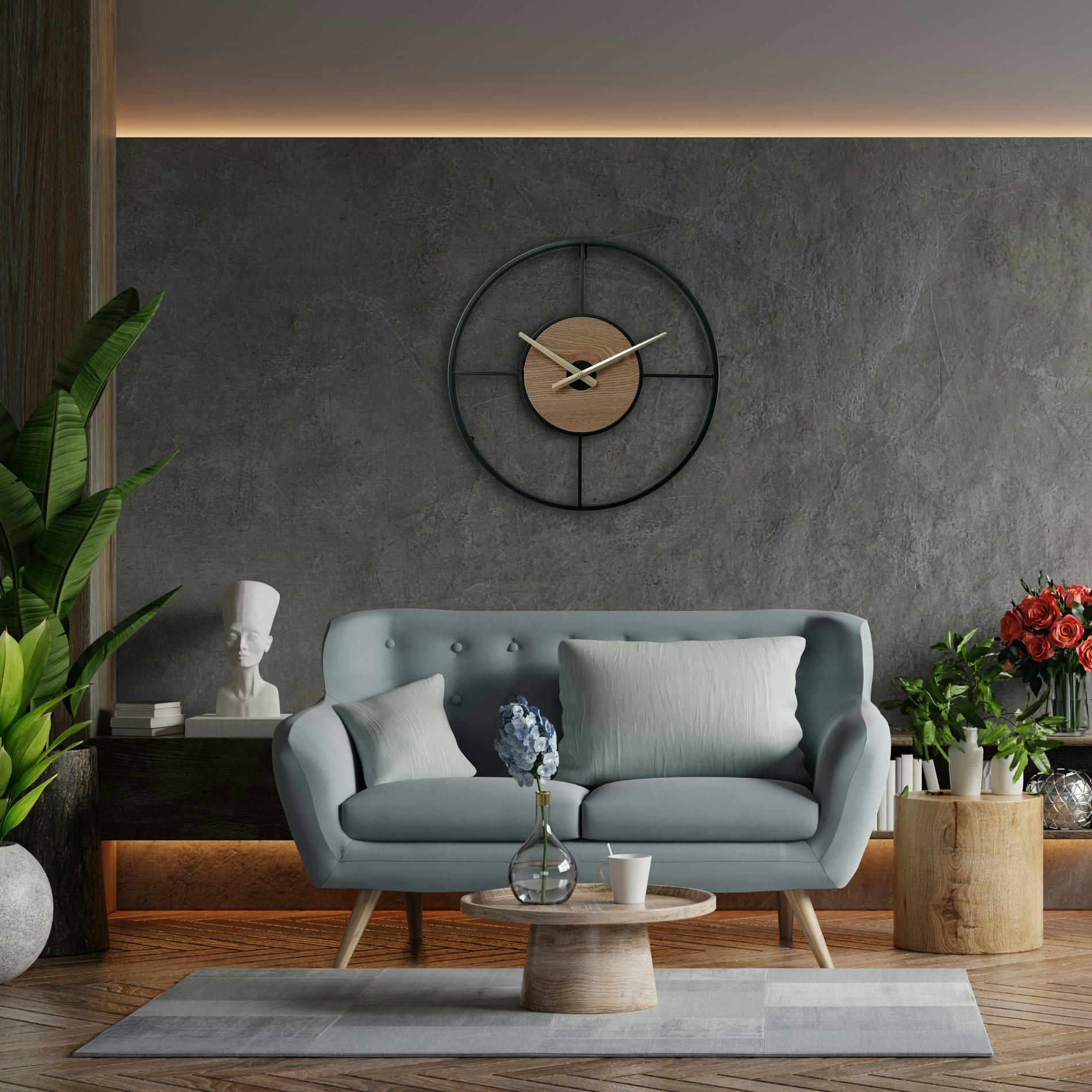 - Horloge murale ronde en métal et MDF noire, brune et dorée Ø 50 cm