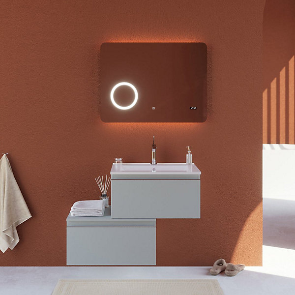 Armoire De Toilette Gris Clair 90 Cm Avec Miroir Led Et Tiroir Excentré- Seattle
