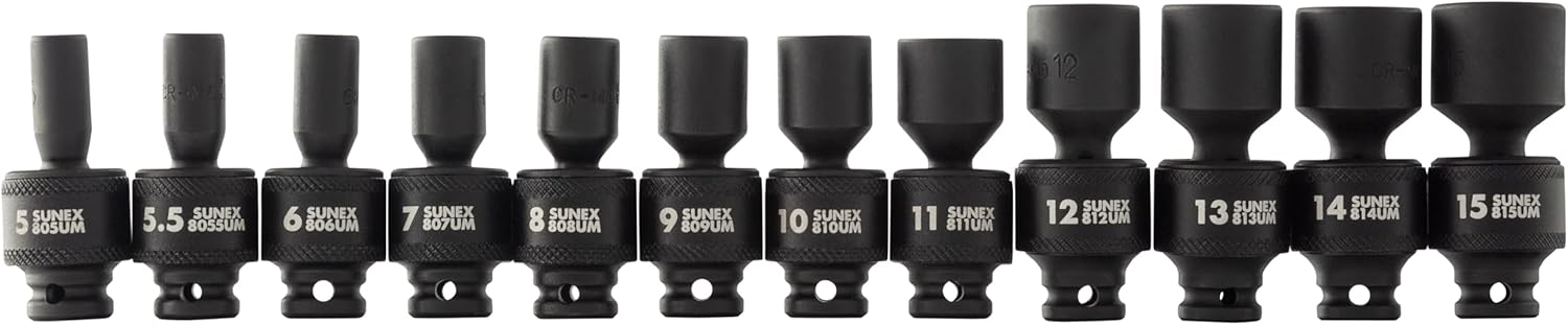 SUNEX TOOLS 1814, 1/4 Inch Drive Universal Impact Socket Set, 12-Piece, Metric, 5mm - 15mm, Cr-Mo Steel, Radius Corner Design, Chamfered Opening, Dual Size Markings, Heavy Duty Storage Case