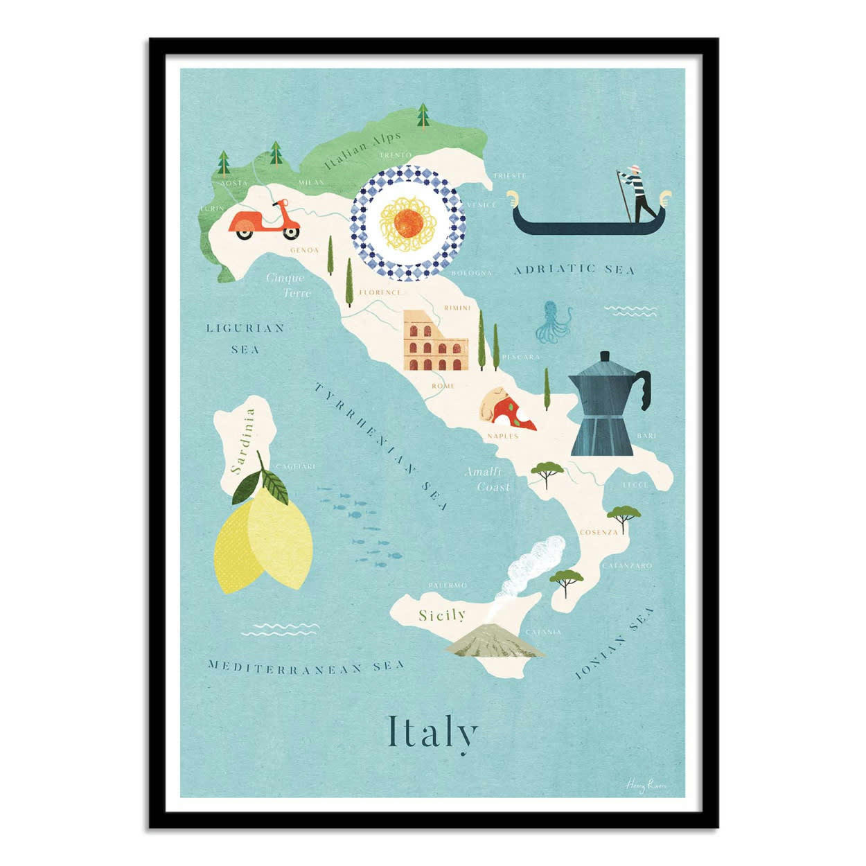 HENRY RIVERS - ITALY MAP TRAVEL POSTER - Affiche d'art 30 x 40 cm