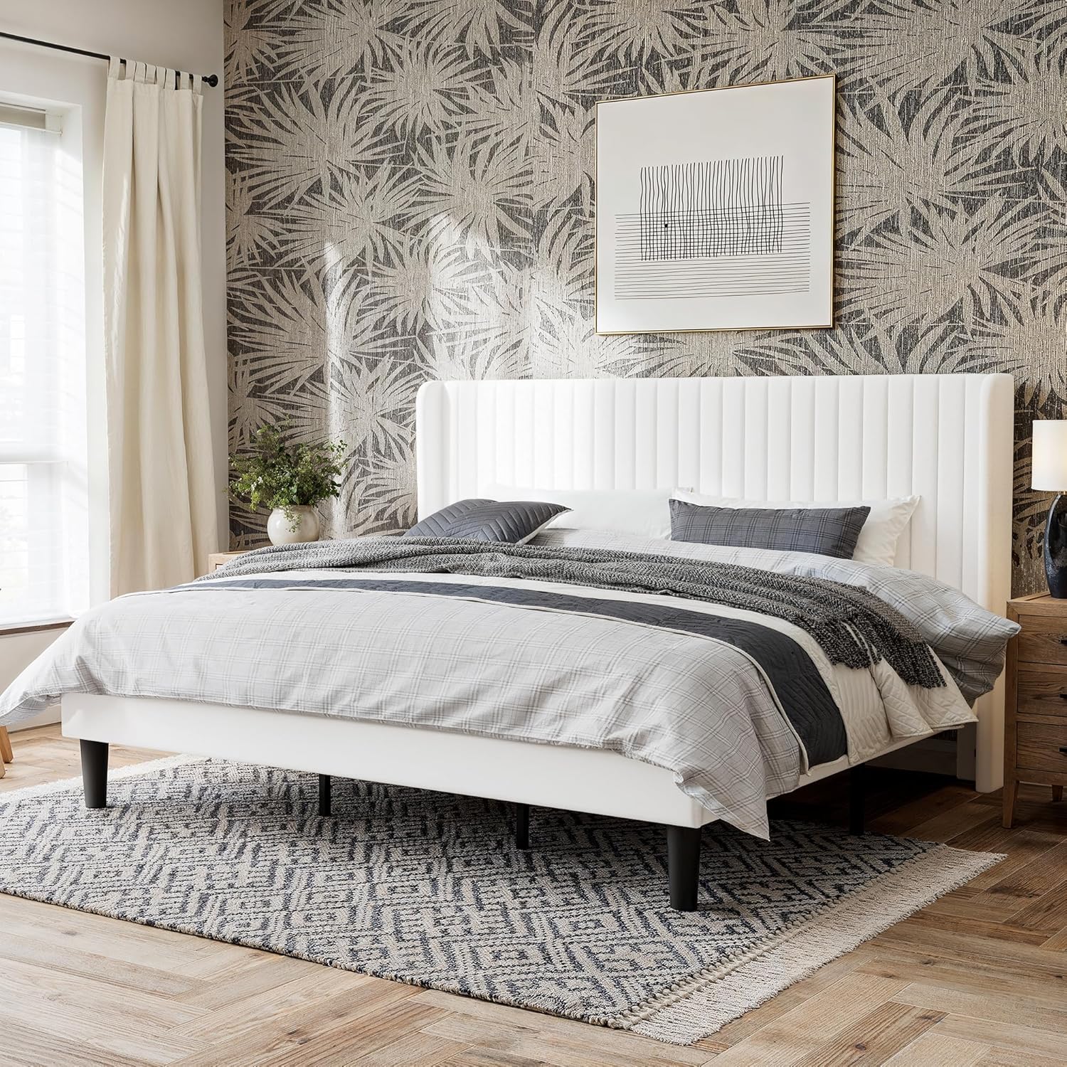 GOLDORO King Size Platform Bed Frame, Velvet Upholstered, Vertical Channel Tufted Wingback Headboard, Wooden Slats Support, No Box Spring Needed, Easy Assembly, White