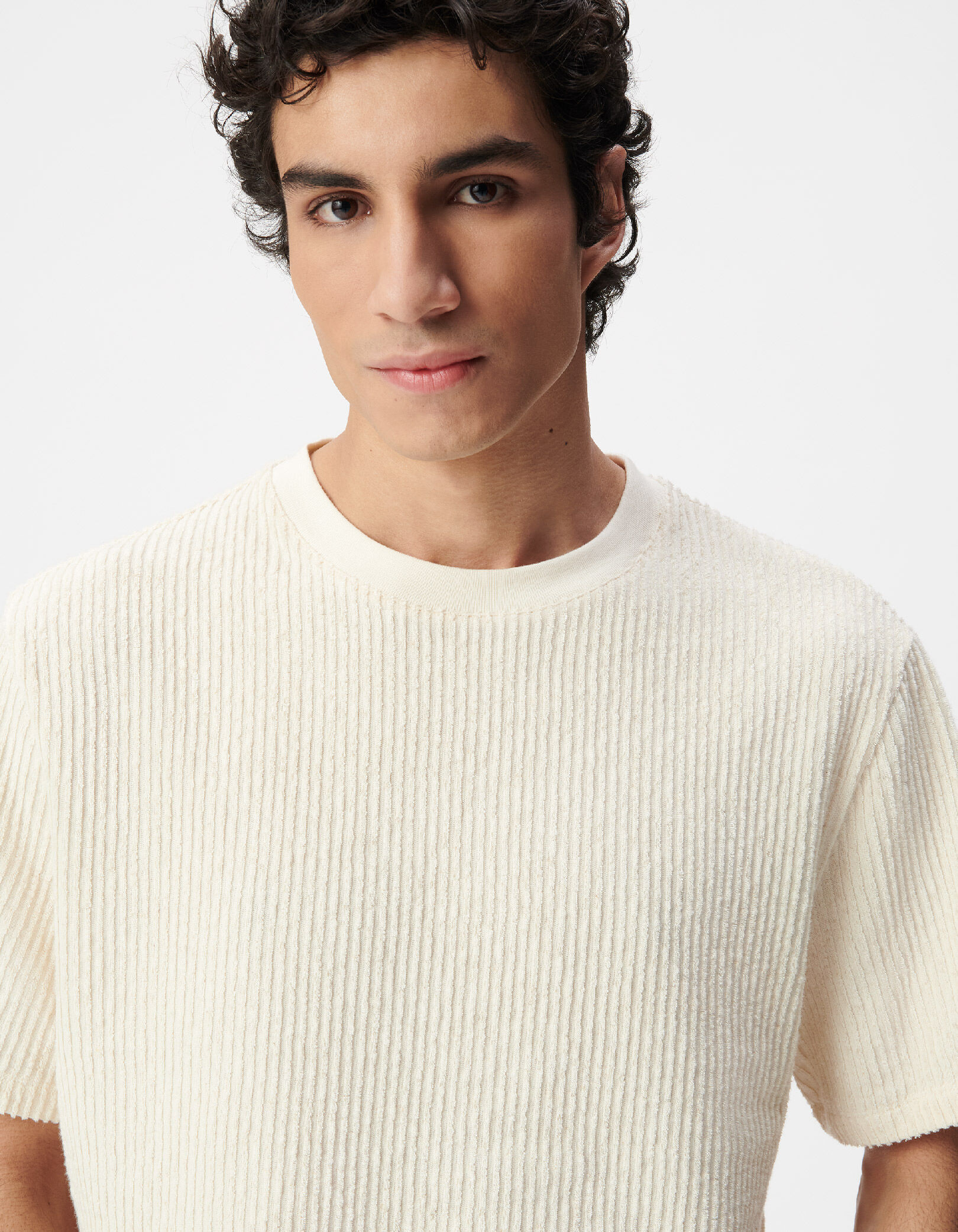 T-shirt col rond écru éponge motif rayures Homme
