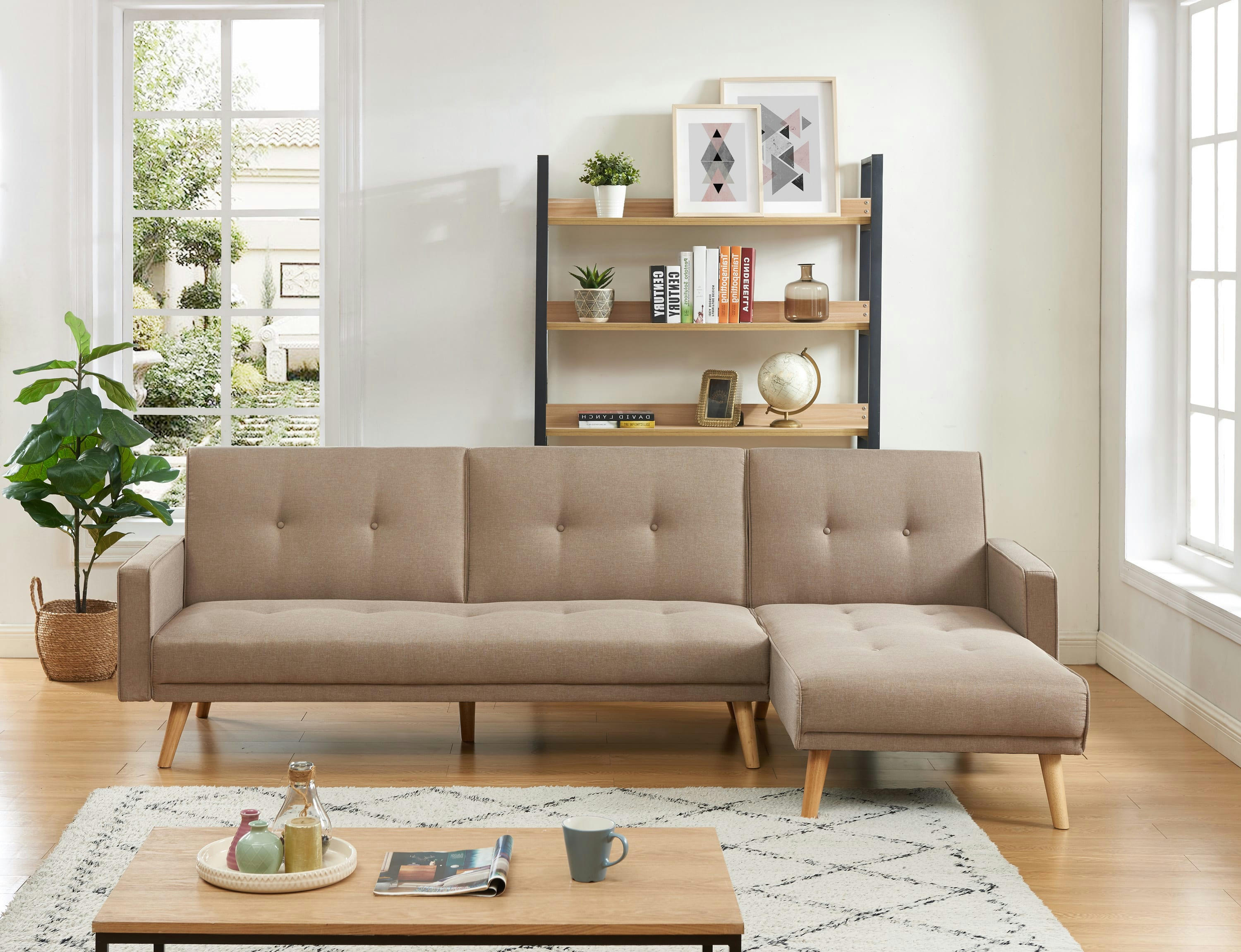 LUXI - Canapé d'angle convertible en tissu 4 places grège